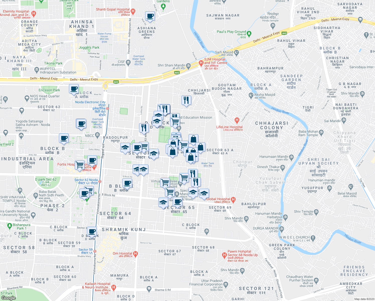 map of restaurants, bars, coffee shops, grocery stores, and more near in Noida