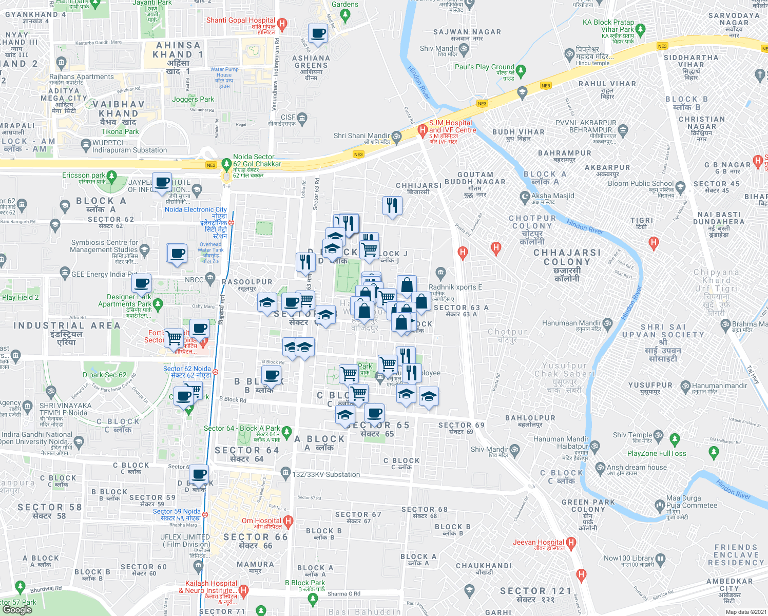 map of restaurants, bars, coffee shops, grocery stores, and more near in Noida