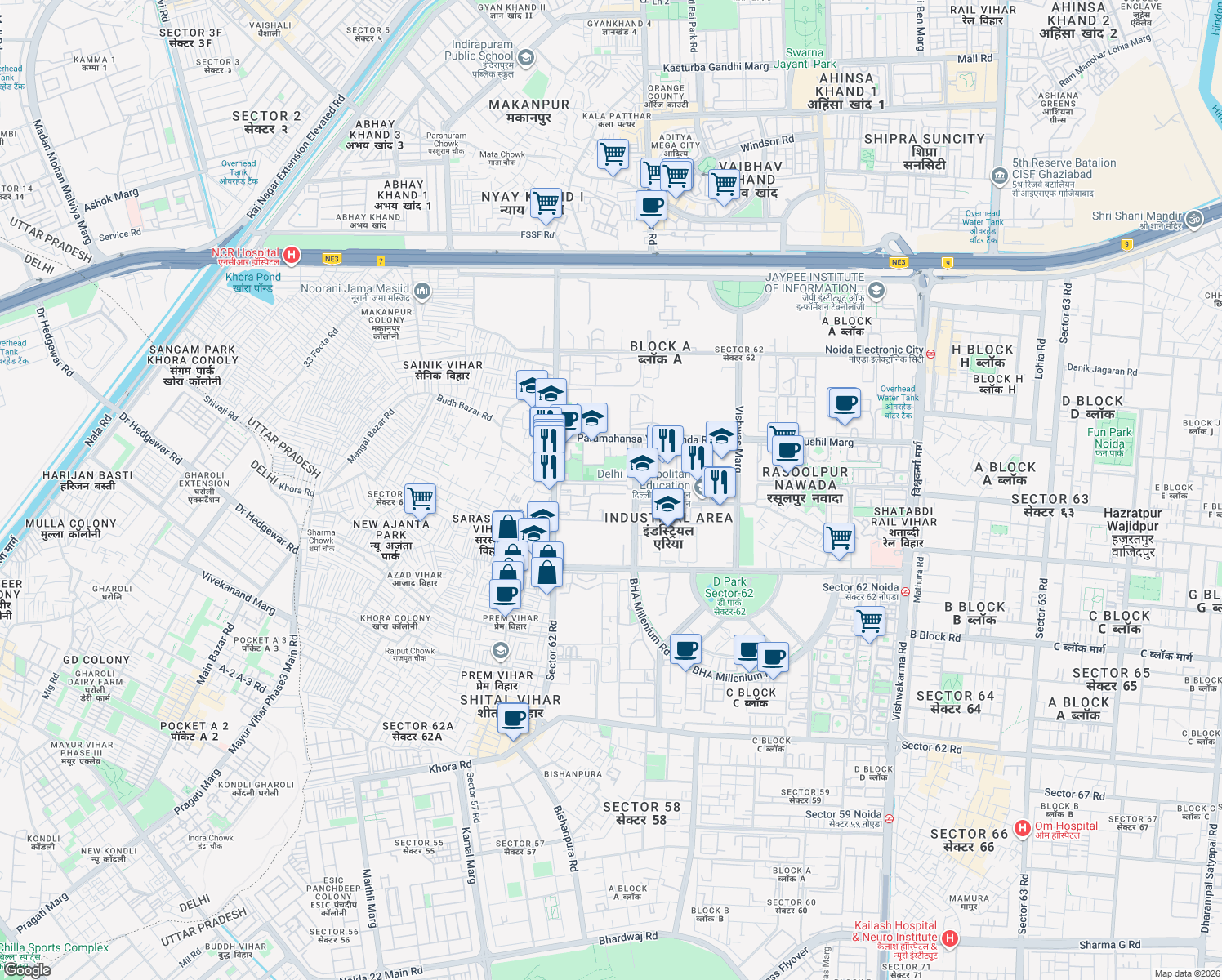 map of restaurants, bars, coffee shops, grocery stores, and more near Plot No. B2 Arko Road in Noida