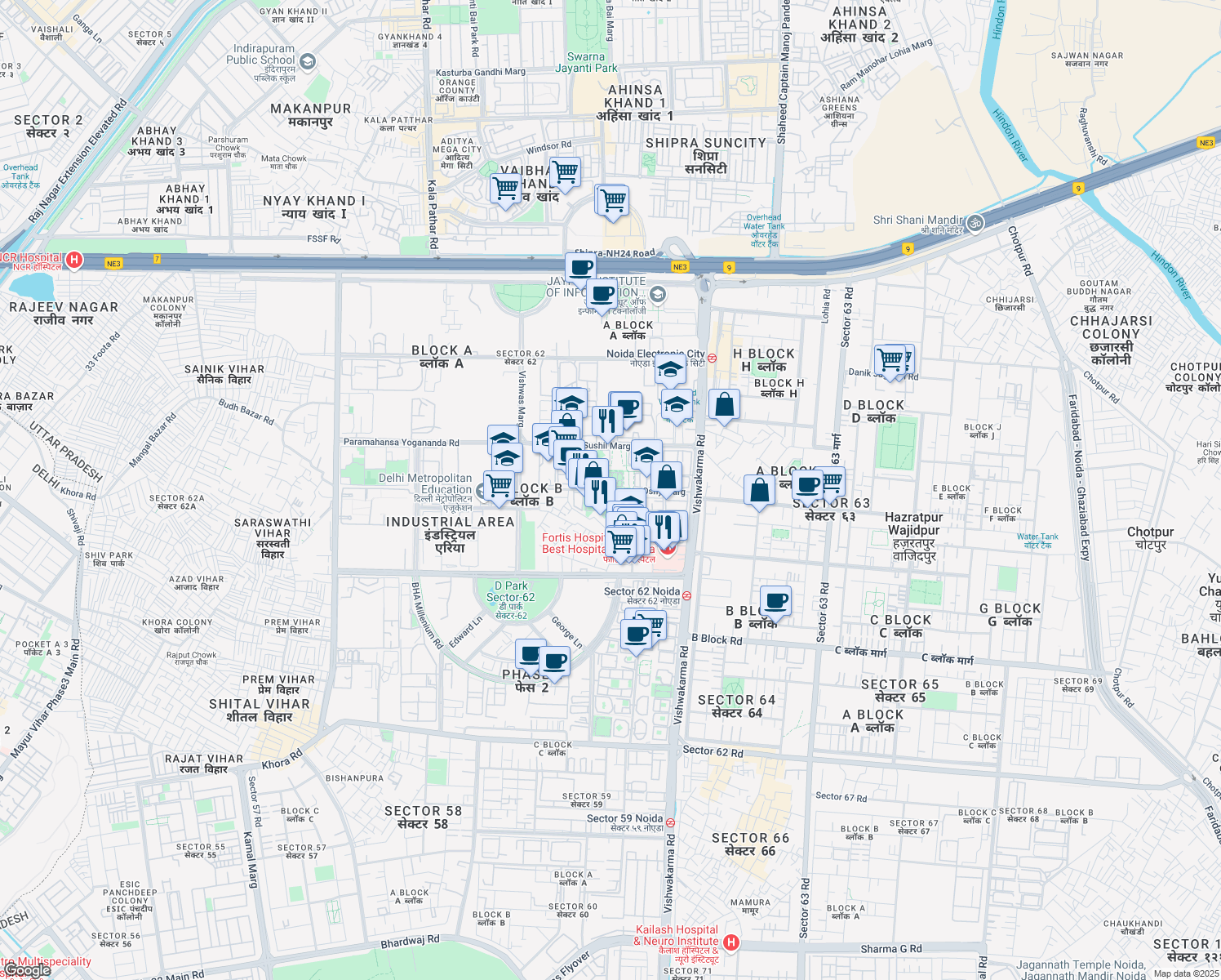 map of restaurants, bars, coffee shops, grocery stores, and more near Oshy Marg in Noida