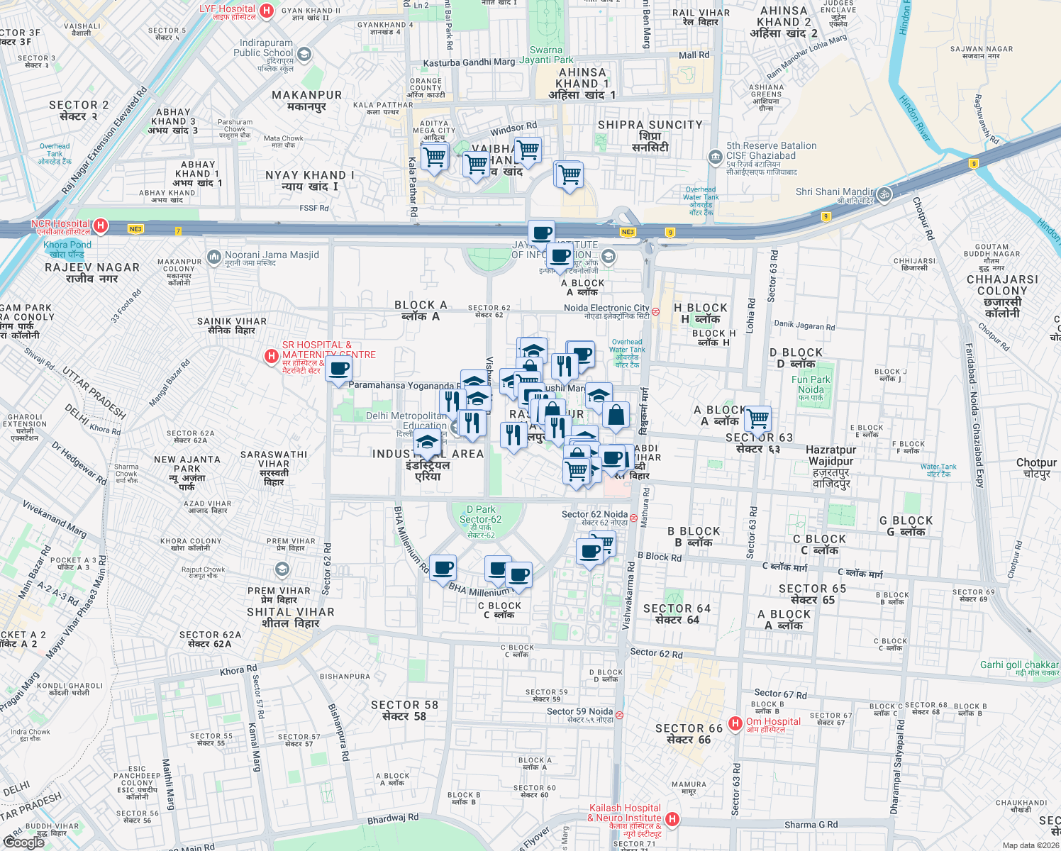 map of restaurants, bars, coffee shops, grocery stores, and more near in Noida