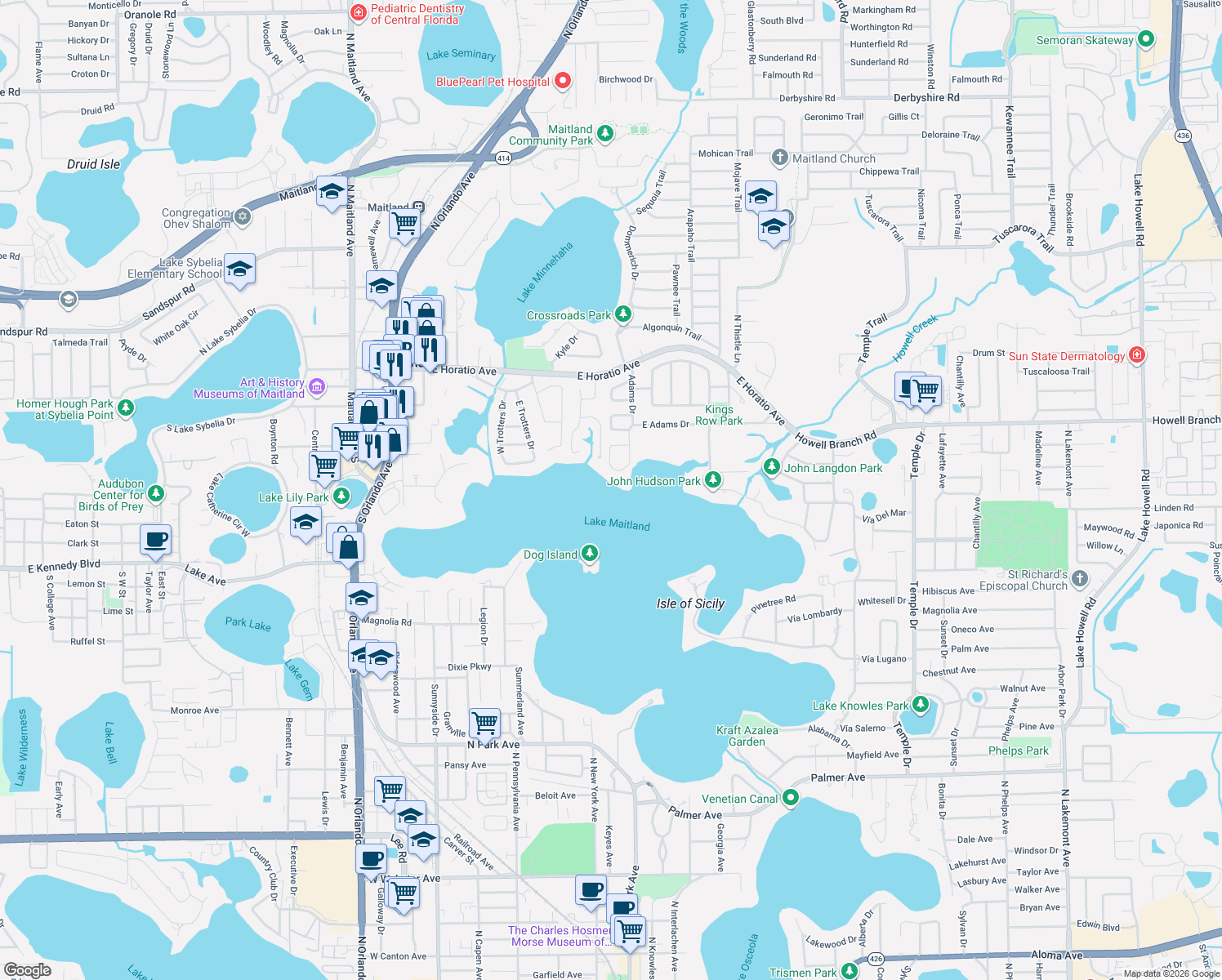 map of restaurants, bars, coffee shops, grocery stores, and more near 123 White Caps Circle in Maitland
