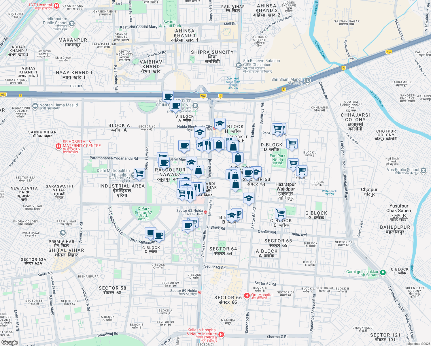 map of restaurants, bars, coffee shops, grocery stores, and more near  in Noida