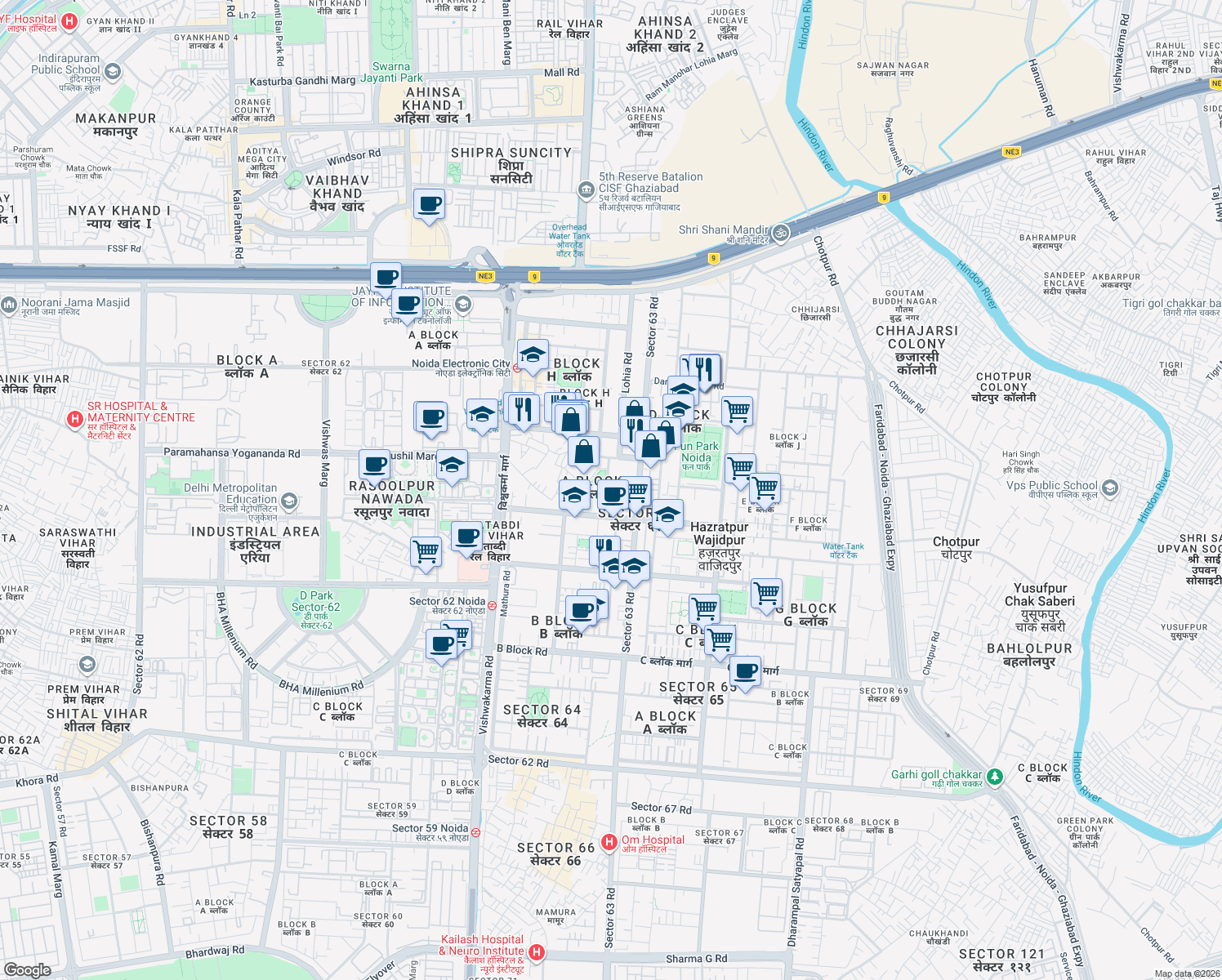 map of restaurants, bars, coffee shops, grocery stores, and more near D-49 Lohia Road in New Okhla Industrial Development Area