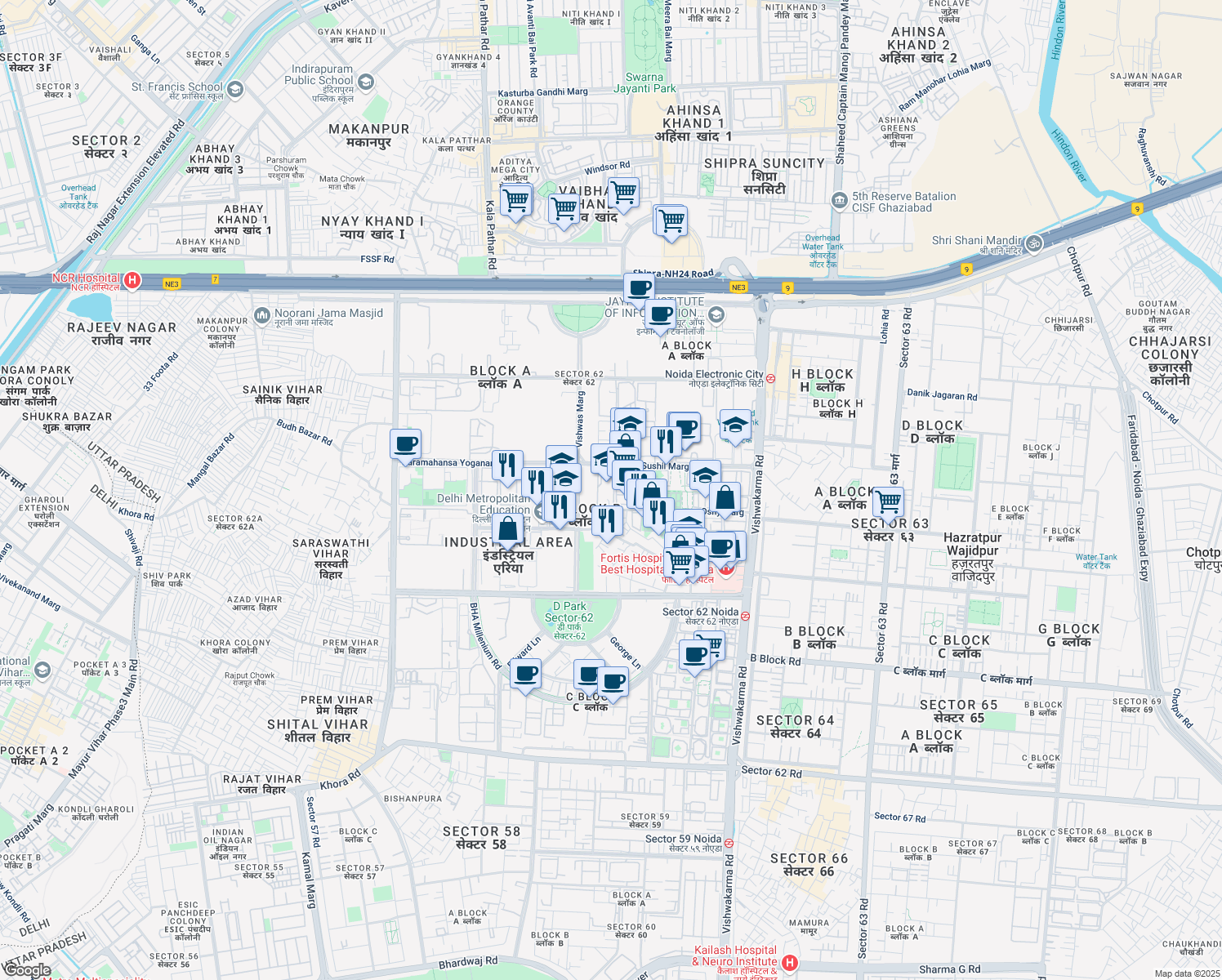 map of restaurants, bars, coffee shops, grocery stores, and more near in Noida