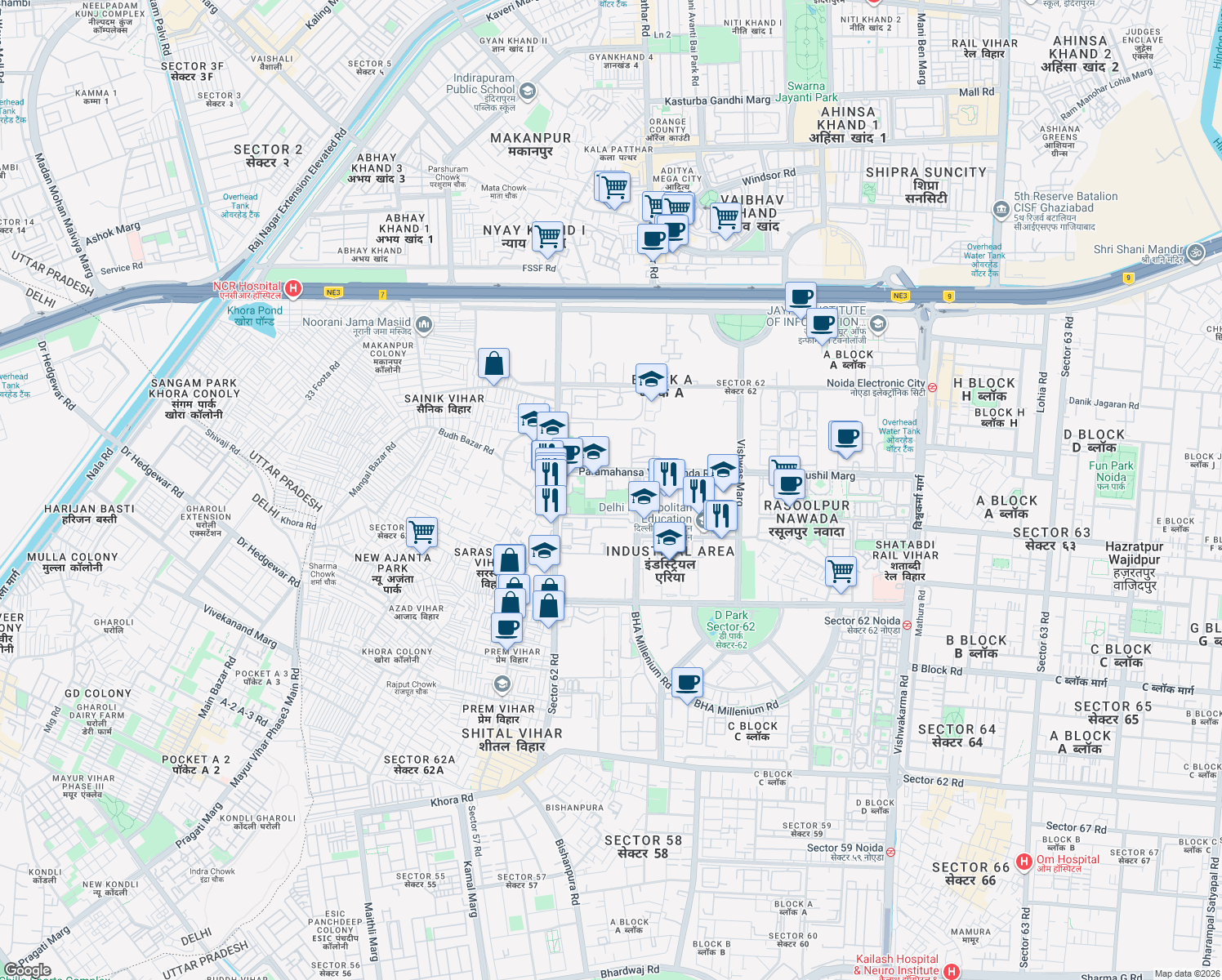 map of restaurants, bars, coffee shops, grocery stores, and more near in New Okhla Industrial Development Area