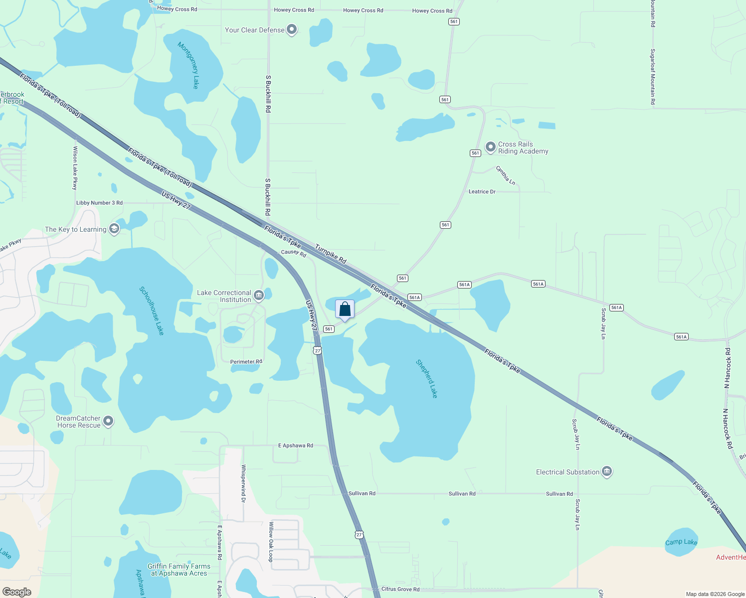 map of restaurants, bars, coffee shops, grocery stores, and more near 18930 County Road 561 in Clermont
