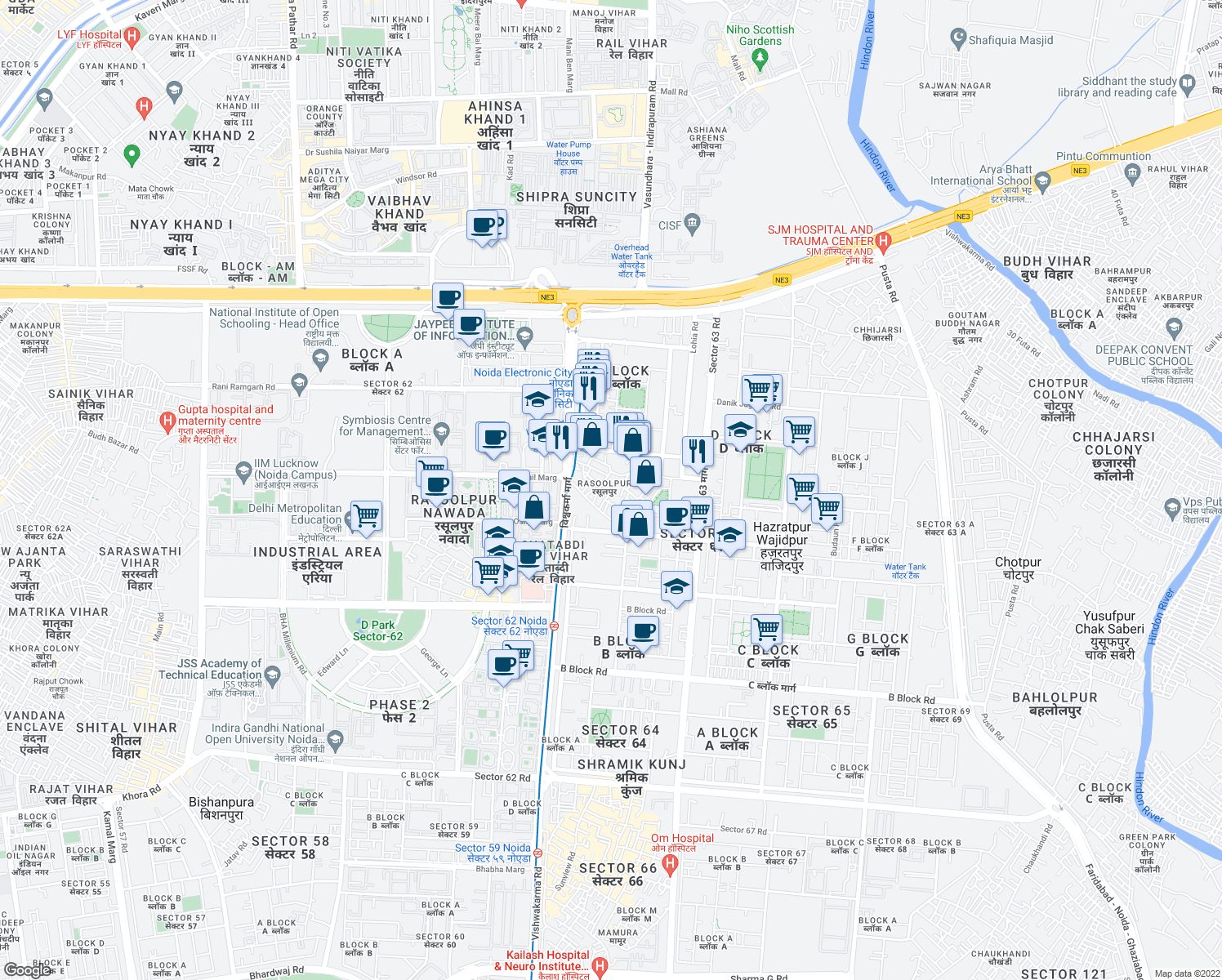 map of restaurants, bars, coffee shops, grocery stores, and more near in Noida