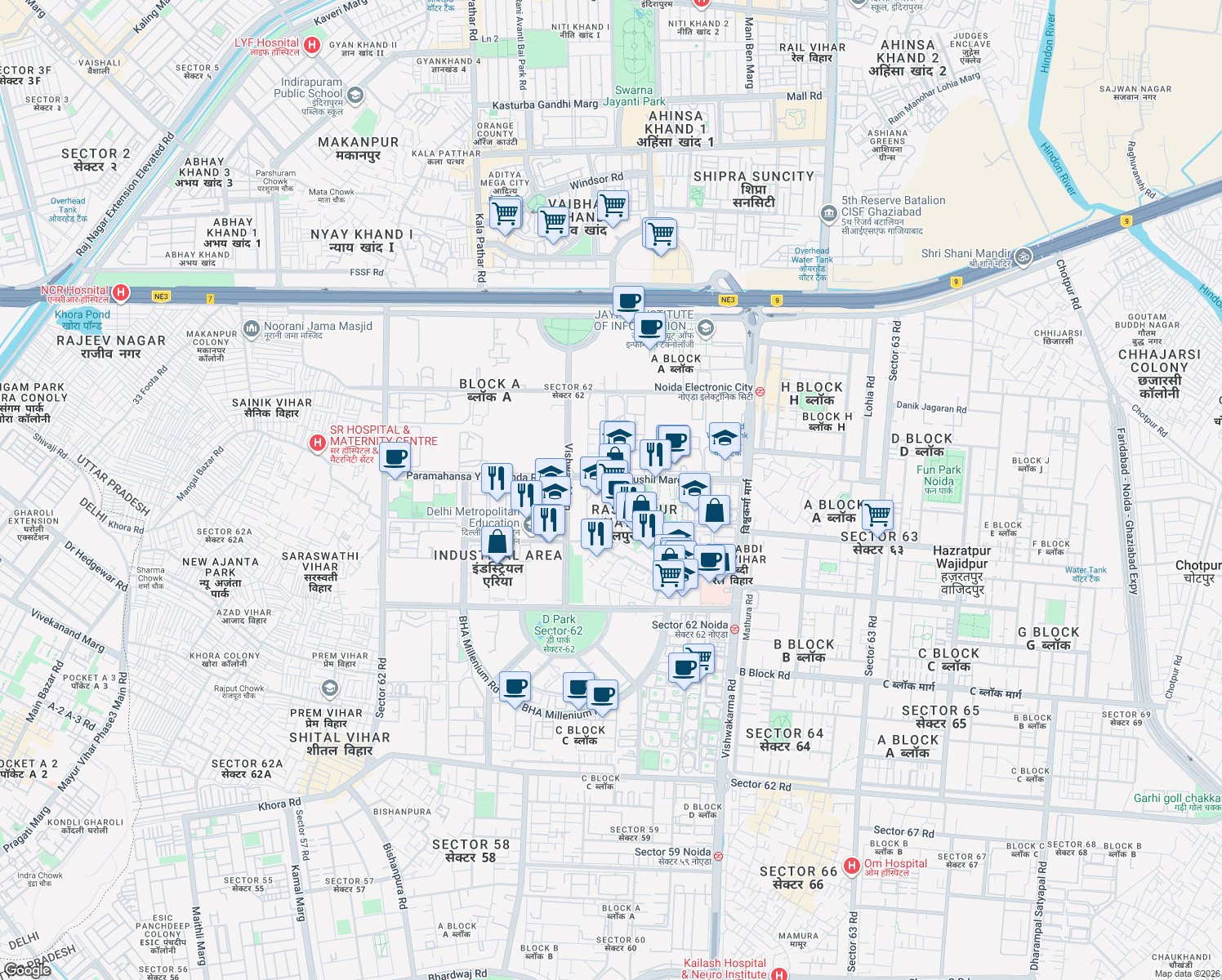 map of restaurants, bars, coffee shops, grocery stores, and more near in Noida