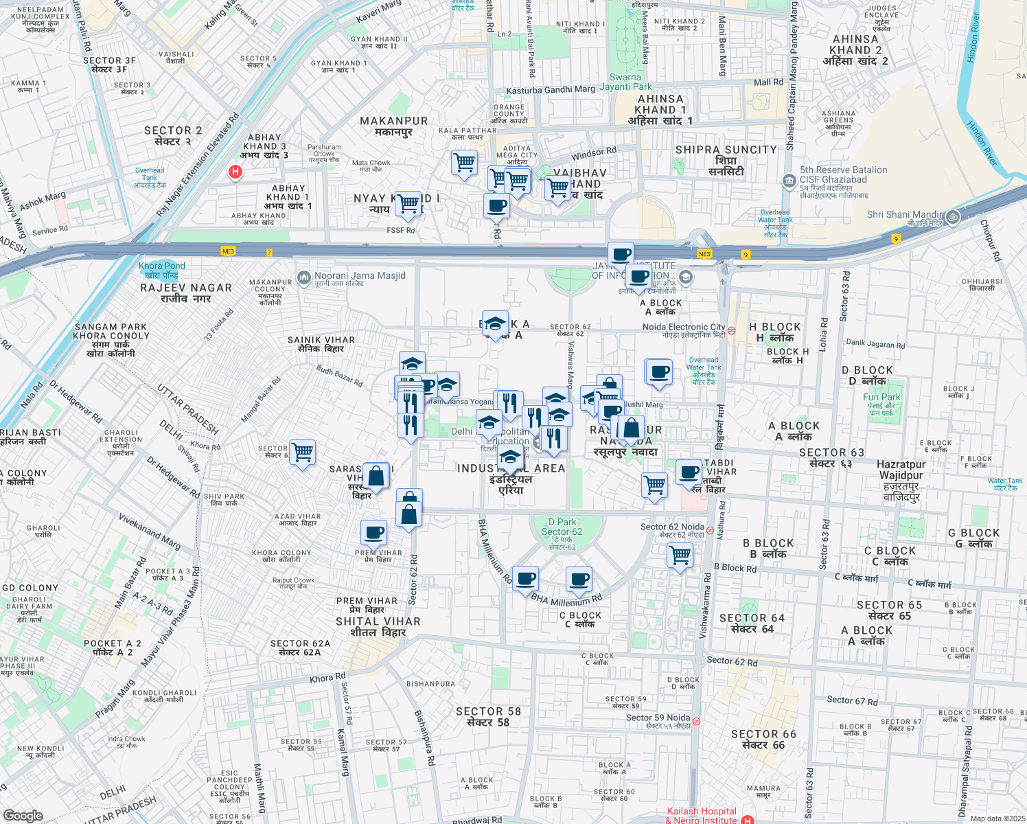 map of restaurants, bars, coffee shops, grocery stores, and more near in Noida