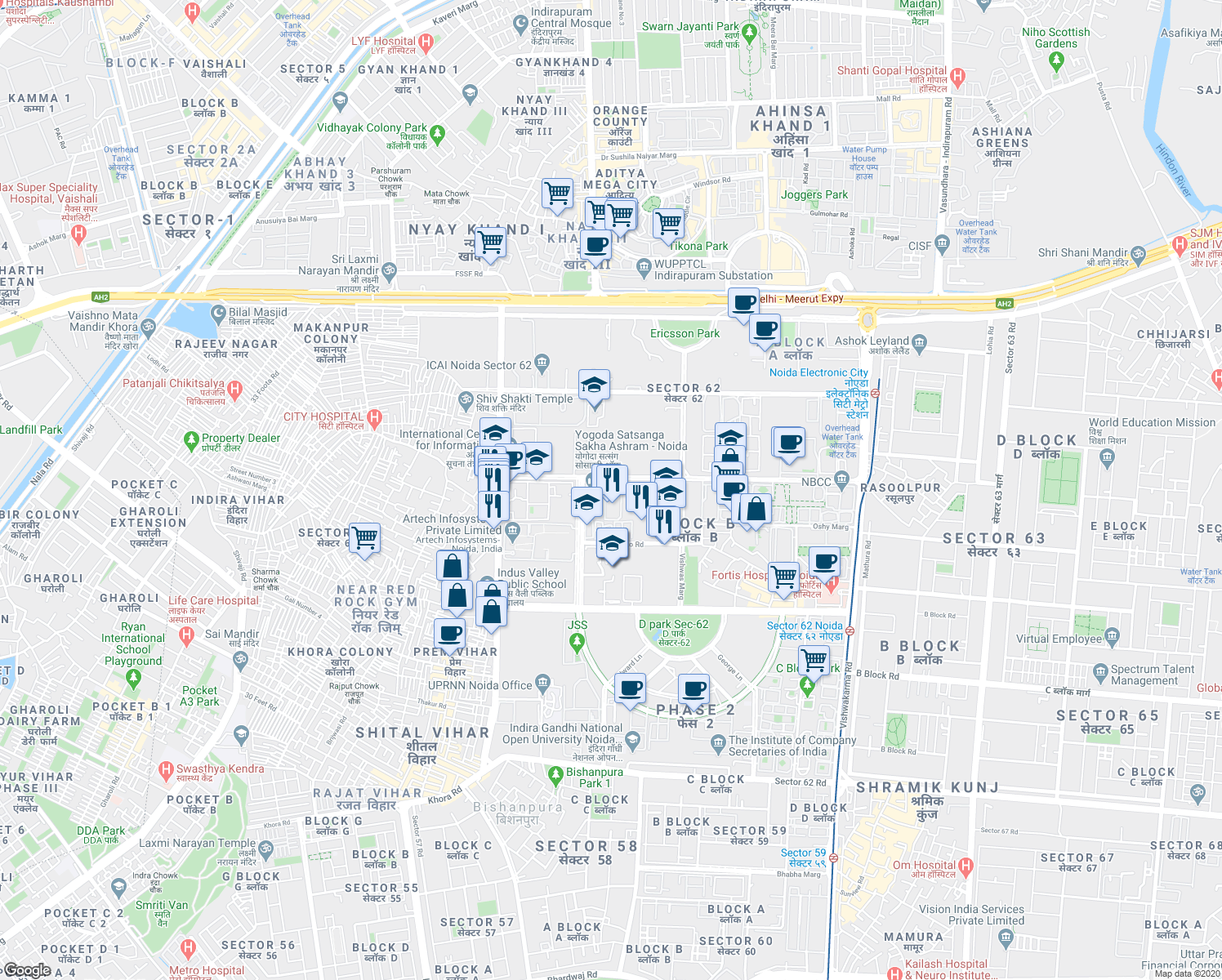 map of restaurants, bars, coffee shops, grocery stores, and more near in Noida