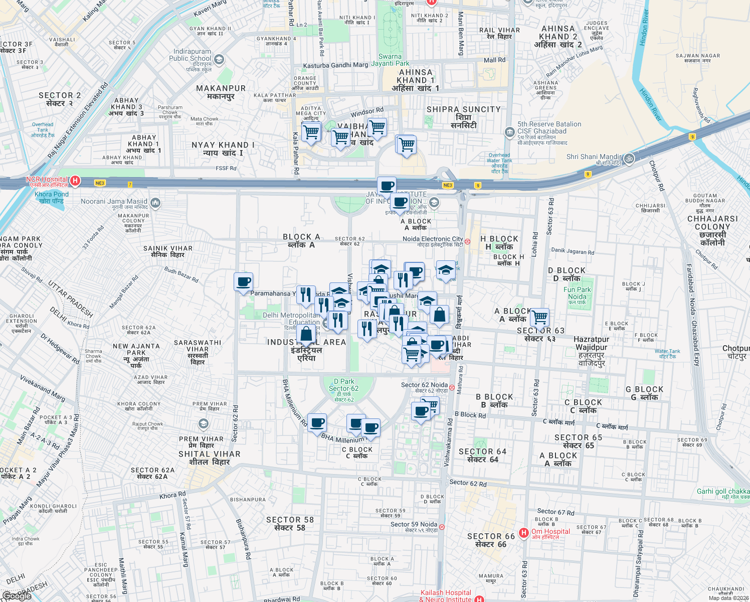 map of restaurants, bars, coffee shops, grocery stores, and more near in Noida