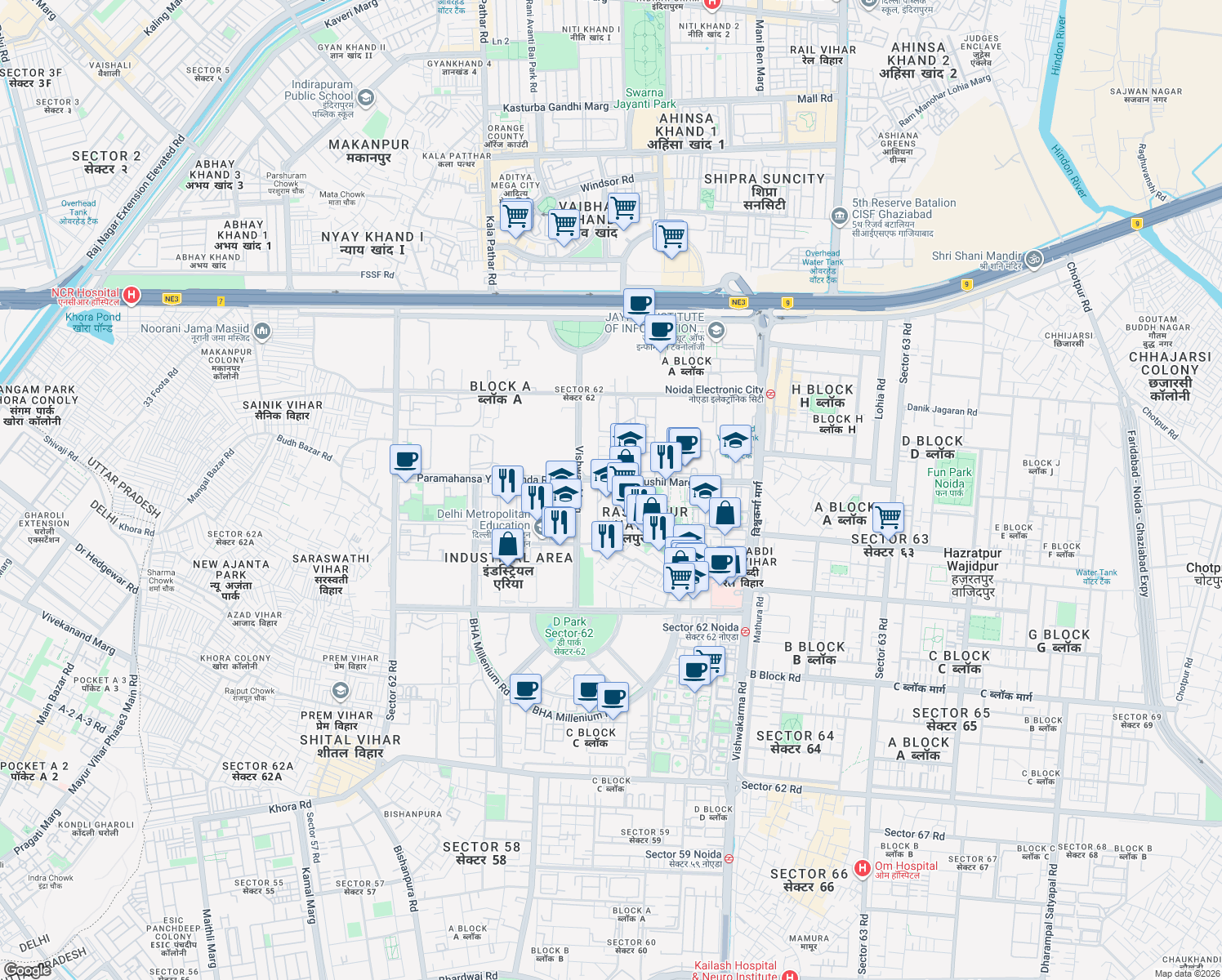 map of restaurants, bars, coffee shops, grocery stores, and more near in Noida