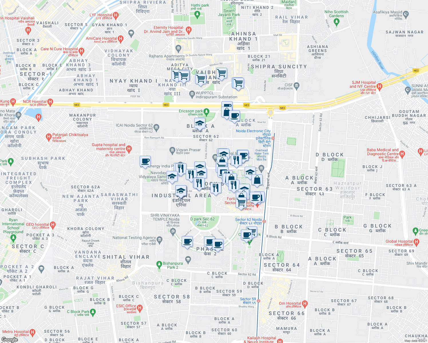 map of restaurants, bars, coffee shops, grocery stores, and more near Vishwas Marg in Noida