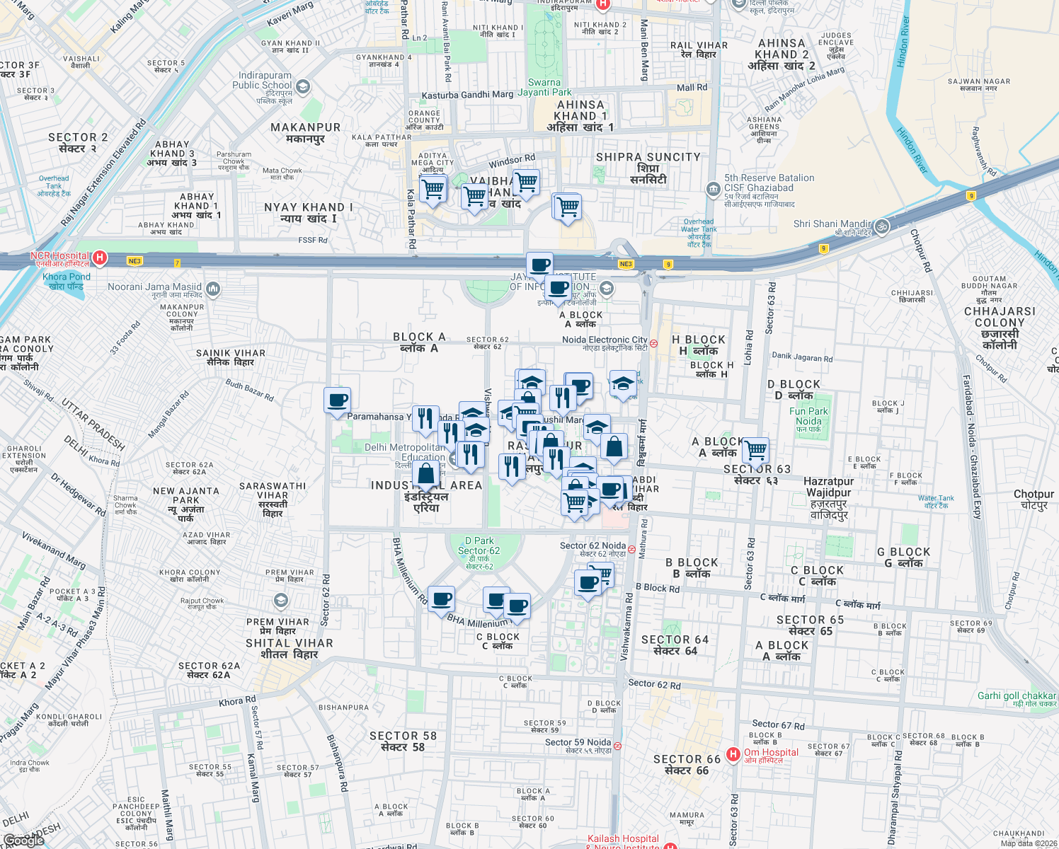 map of restaurants, bars, coffee shops, grocery stores, and more near in Noida