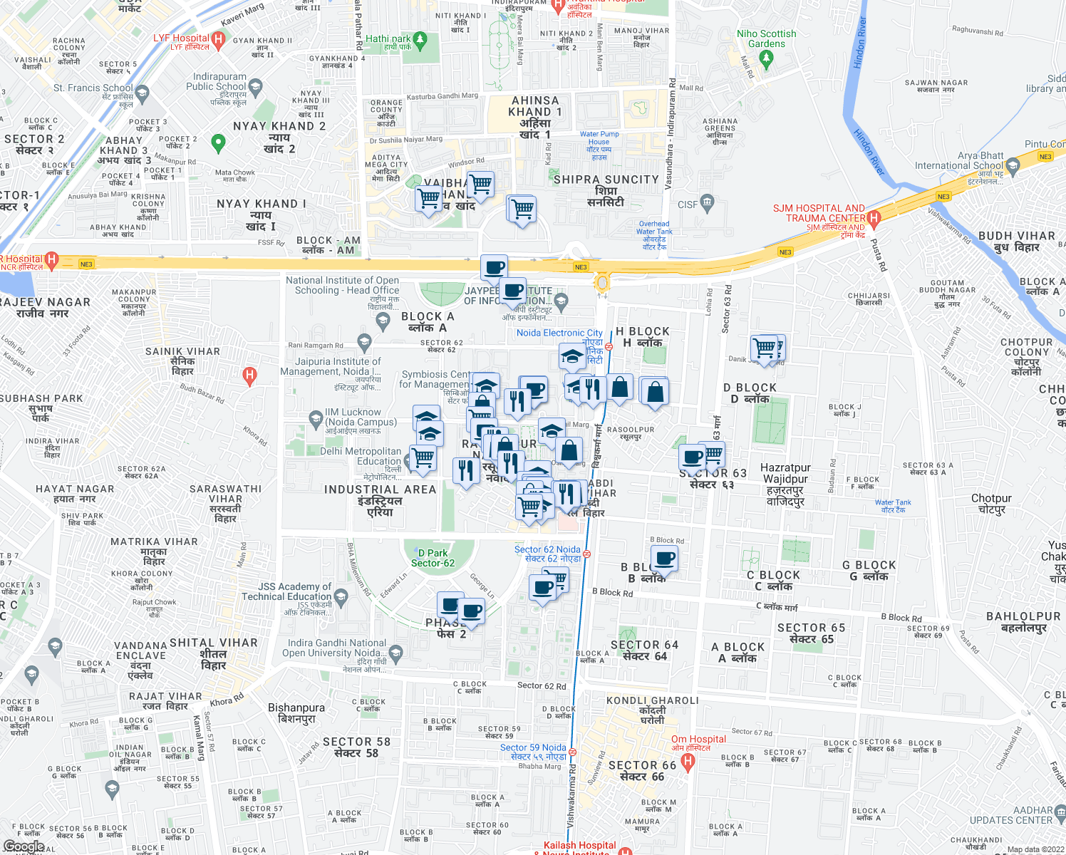 map of restaurants, bars, coffee shops, grocery stores, and more near Oshy Marg in Noida