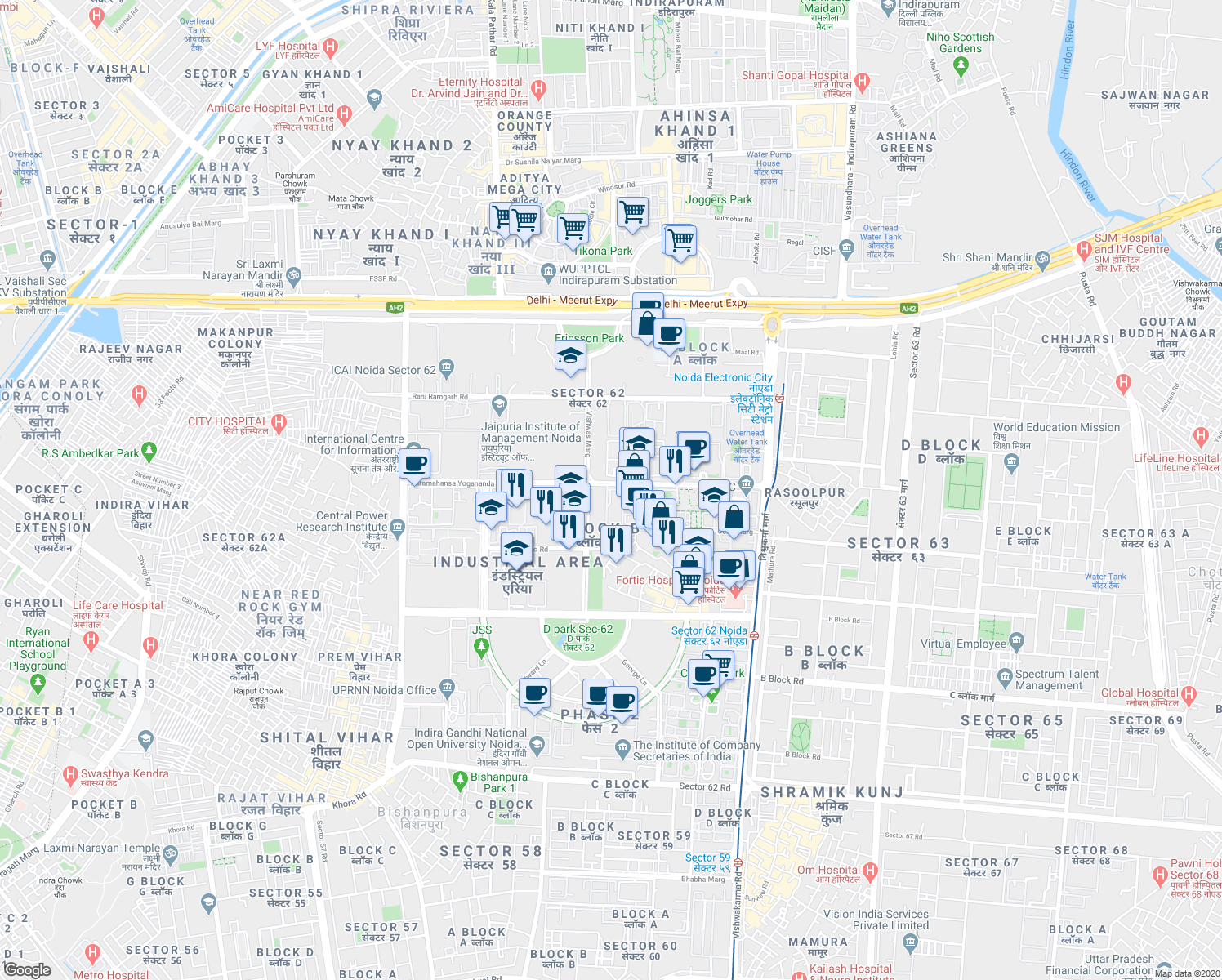 map of restaurants, bars, coffee shops, grocery stores, and more near Vishwas Marg in Noida