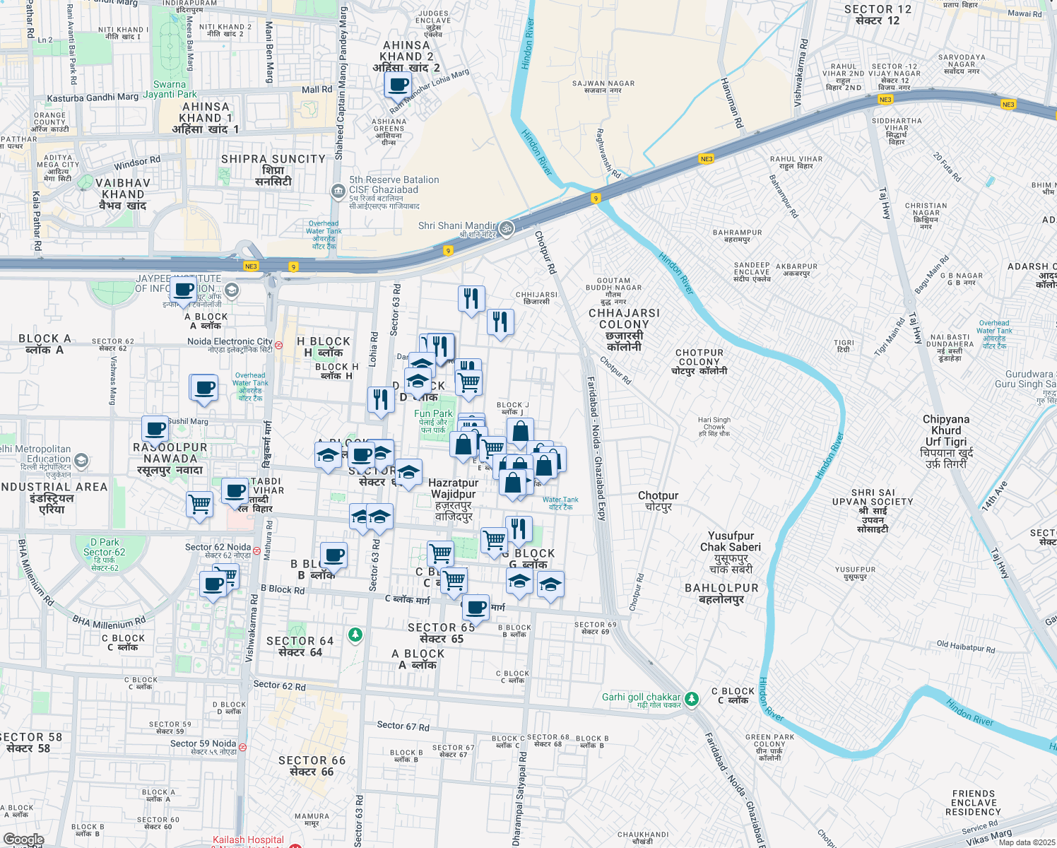 map of restaurants, bars, coffee shops, grocery stores, and more near H-107 Sector 63 Road in Noida