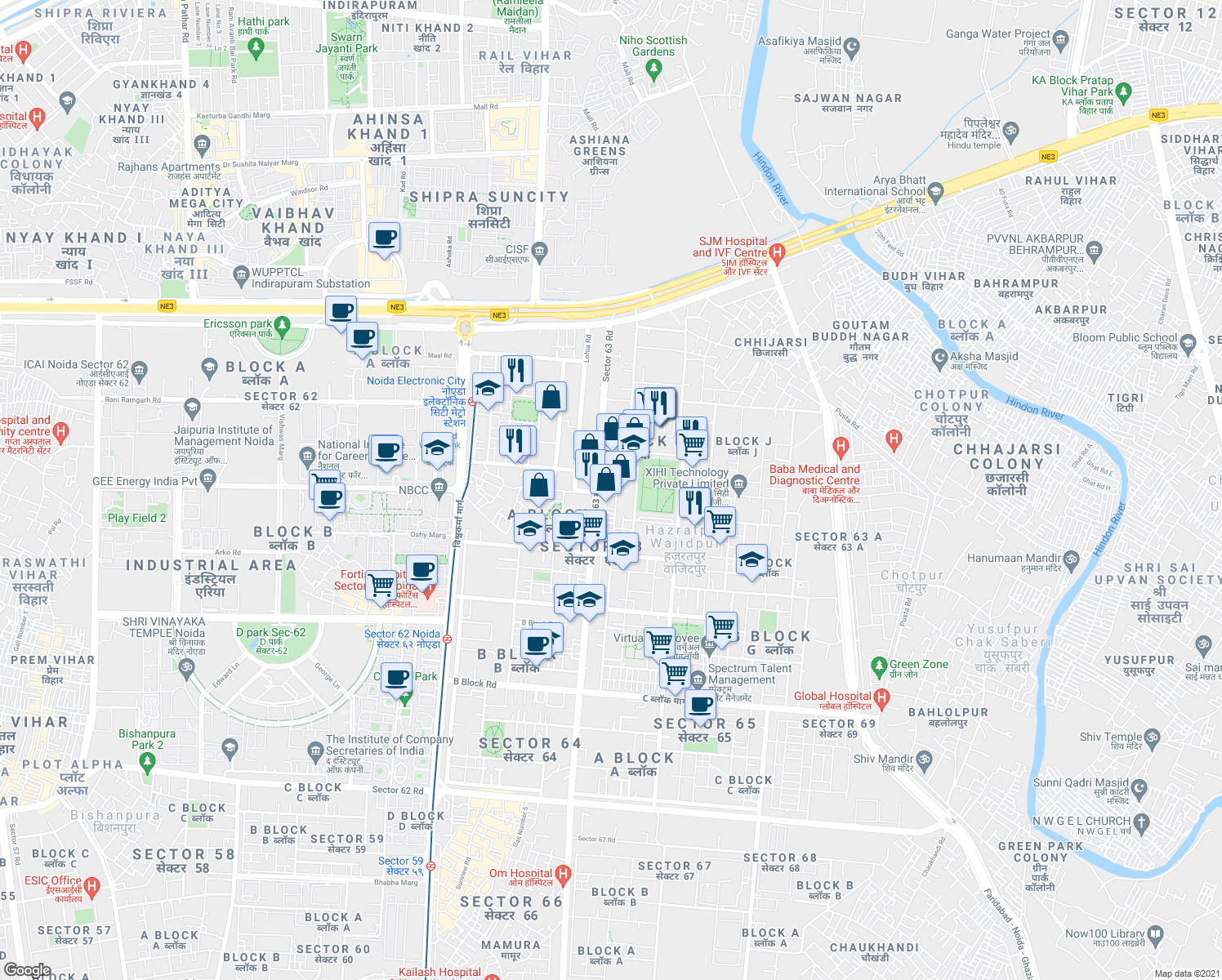 map of restaurants, bars, coffee shops, grocery stores, and more near in Noida