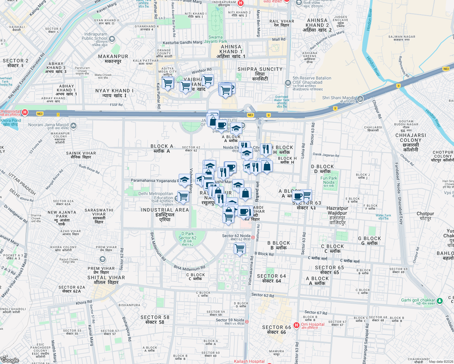 map of restaurants, bars, coffee shops, grocery stores, and more near in Noida
