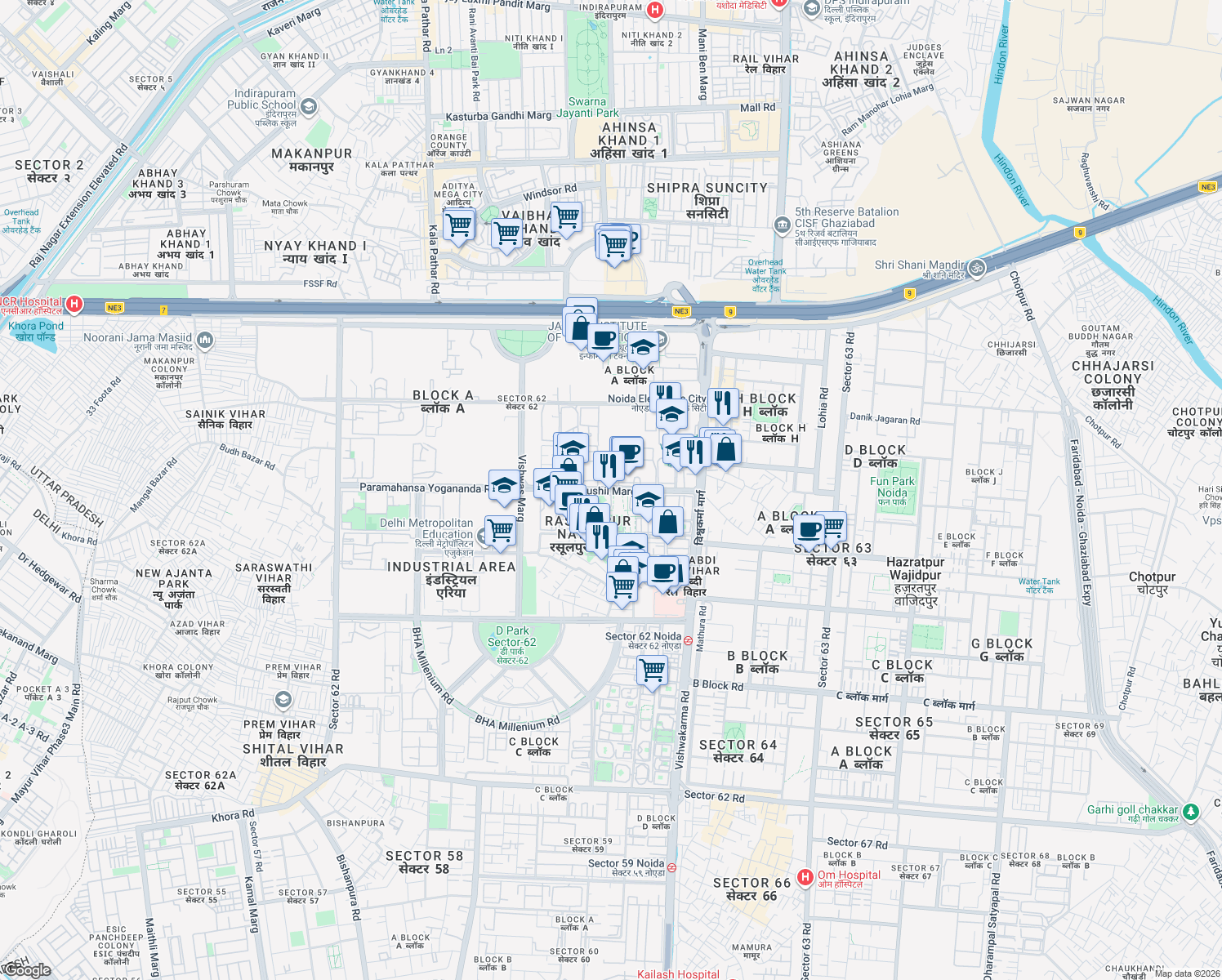 map of restaurants, bars, coffee shops, grocery stores, and more near Sushil Marg in Noida