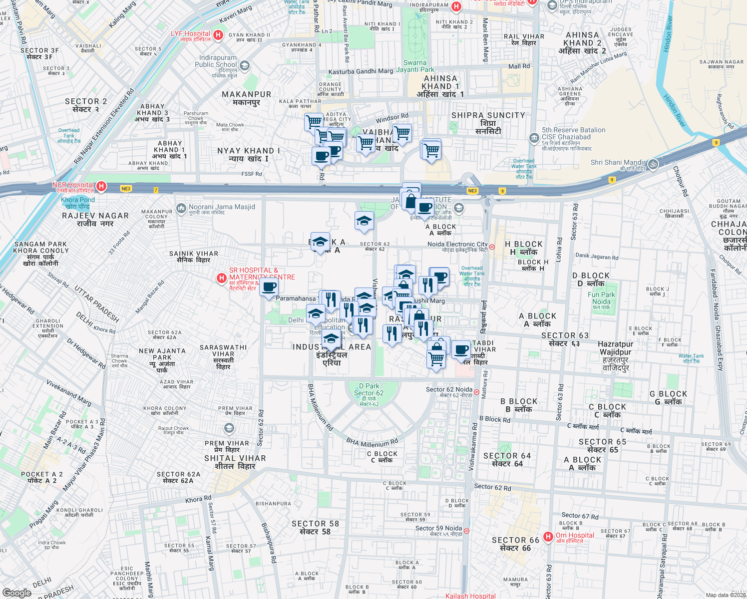 map of restaurants, bars, coffee shops, grocery stores, and more near Vishwas Marg in Noida