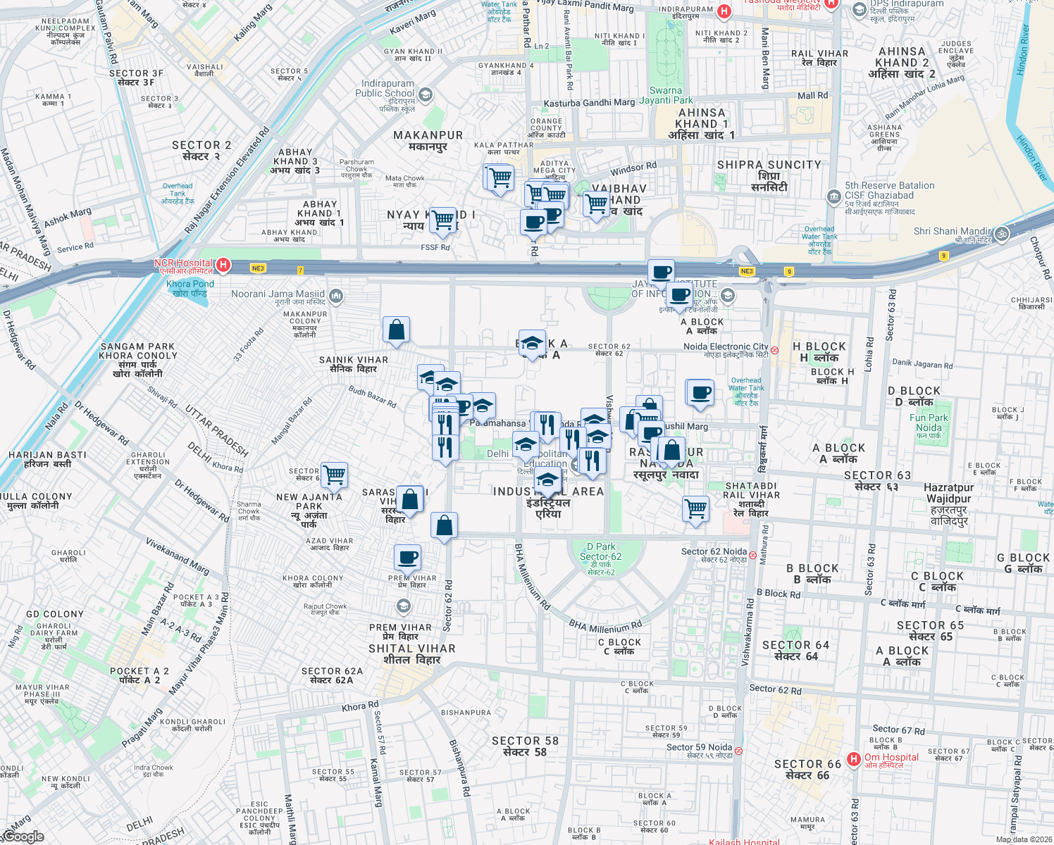 map of restaurants, bars, coffee shops, grocery stores, and more near JSS Boys Hostel Road in New Okhla Industrial Development Area