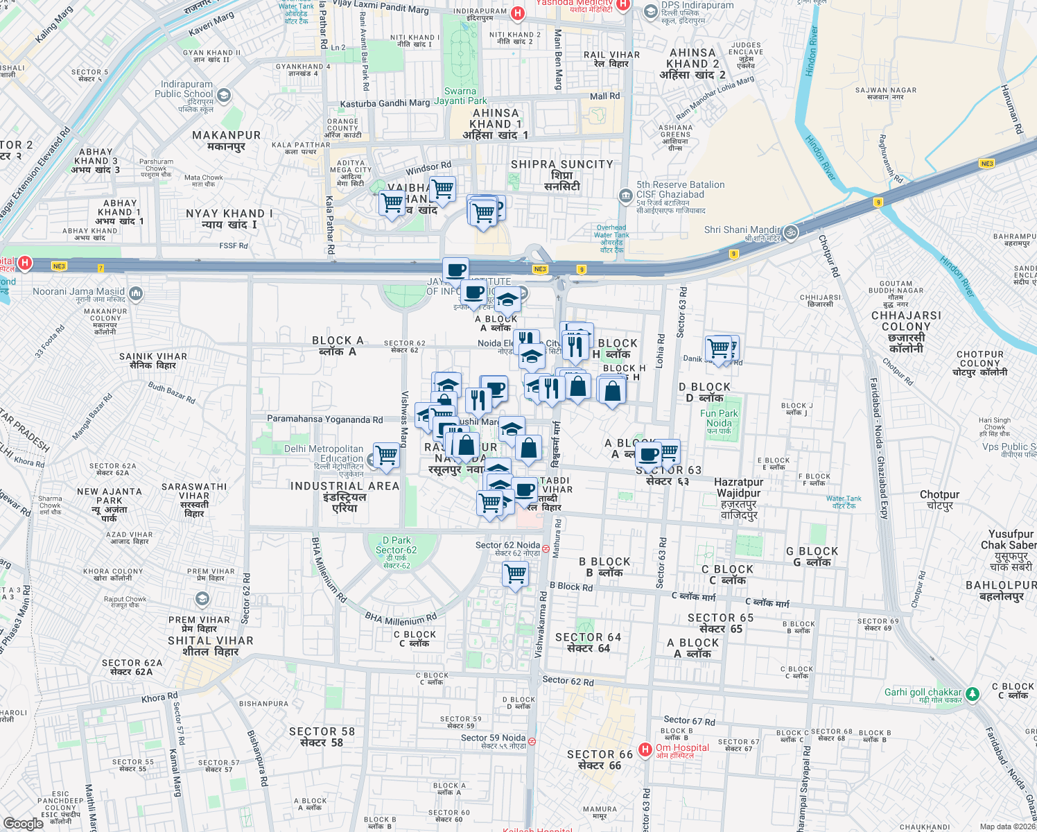 map of restaurants, bars, coffee shops, grocery stores, and more near in Noida