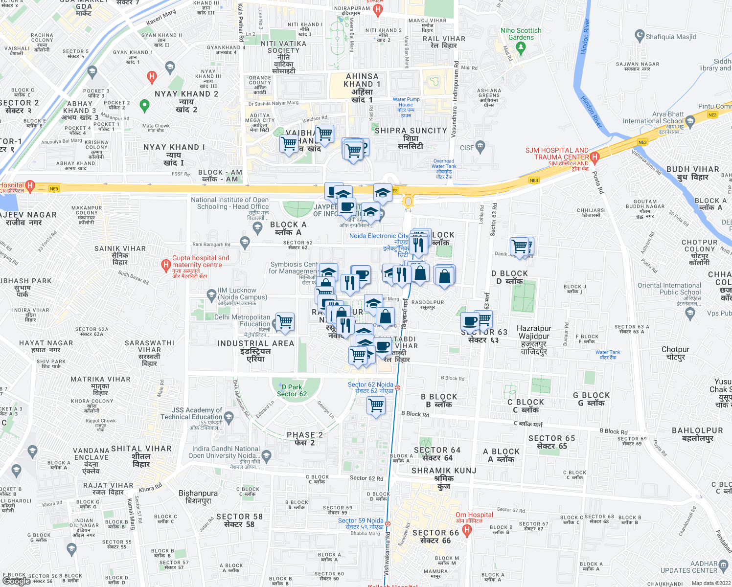 map of restaurants, bars, coffee shops, grocery stores, and more near in Noida