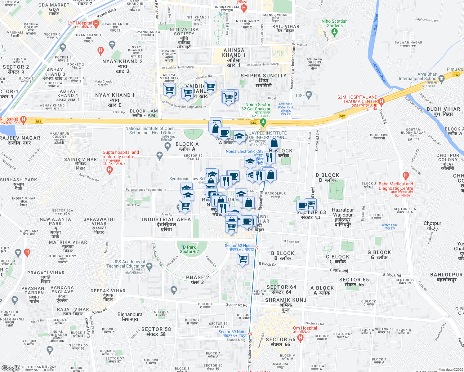 map of restaurants, bars, coffee shops, grocery stores, and more near Sushil Marg in Noida