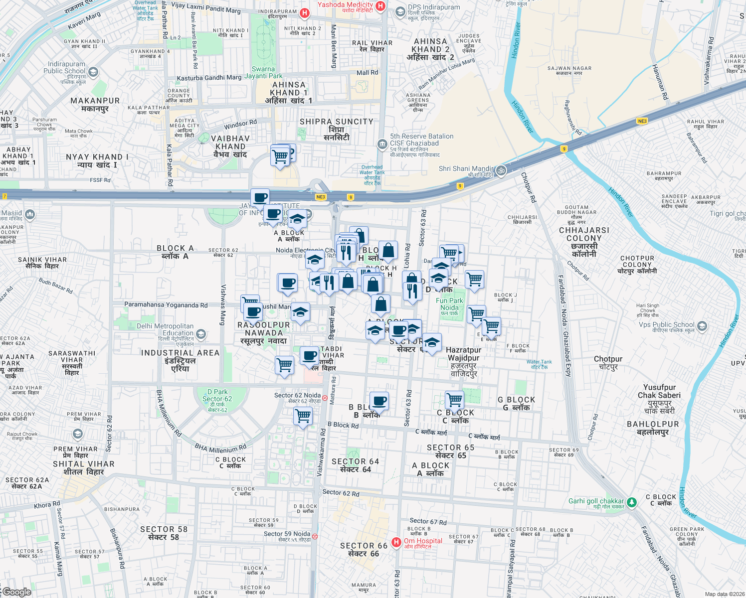 map of restaurants, bars, coffee shops, grocery stores, and more near 117 Lohia Road in Noida