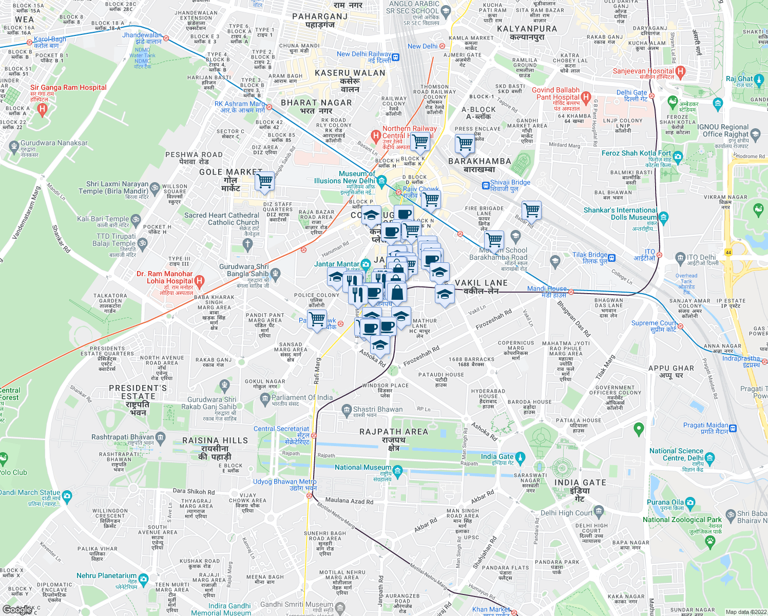 map of restaurants, bars, coffee shops, grocery stores, and more near 124 Janpath Lane in New Delhi