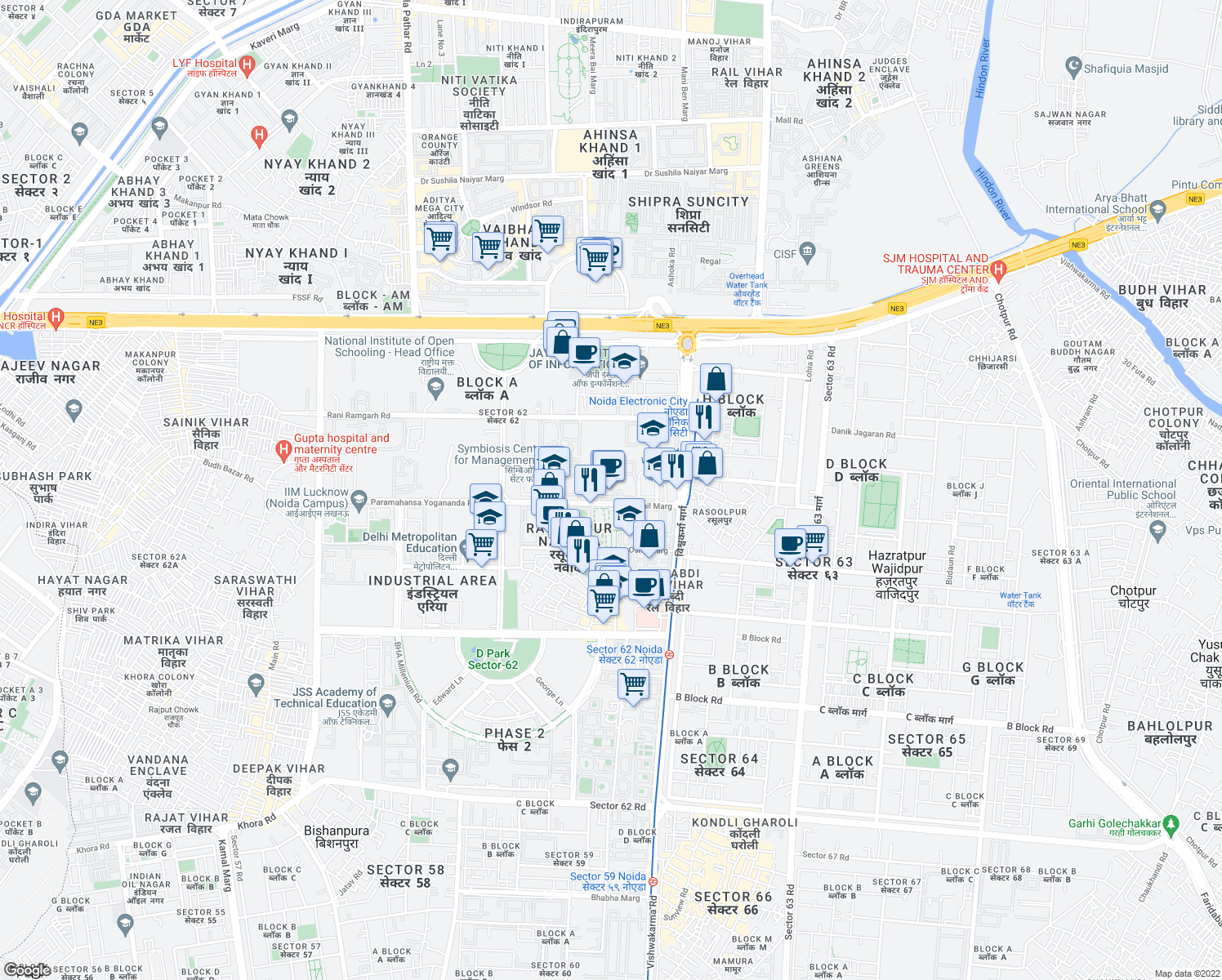 map of restaurants, bars, coffee shops, grocery stores, and more near in Noida