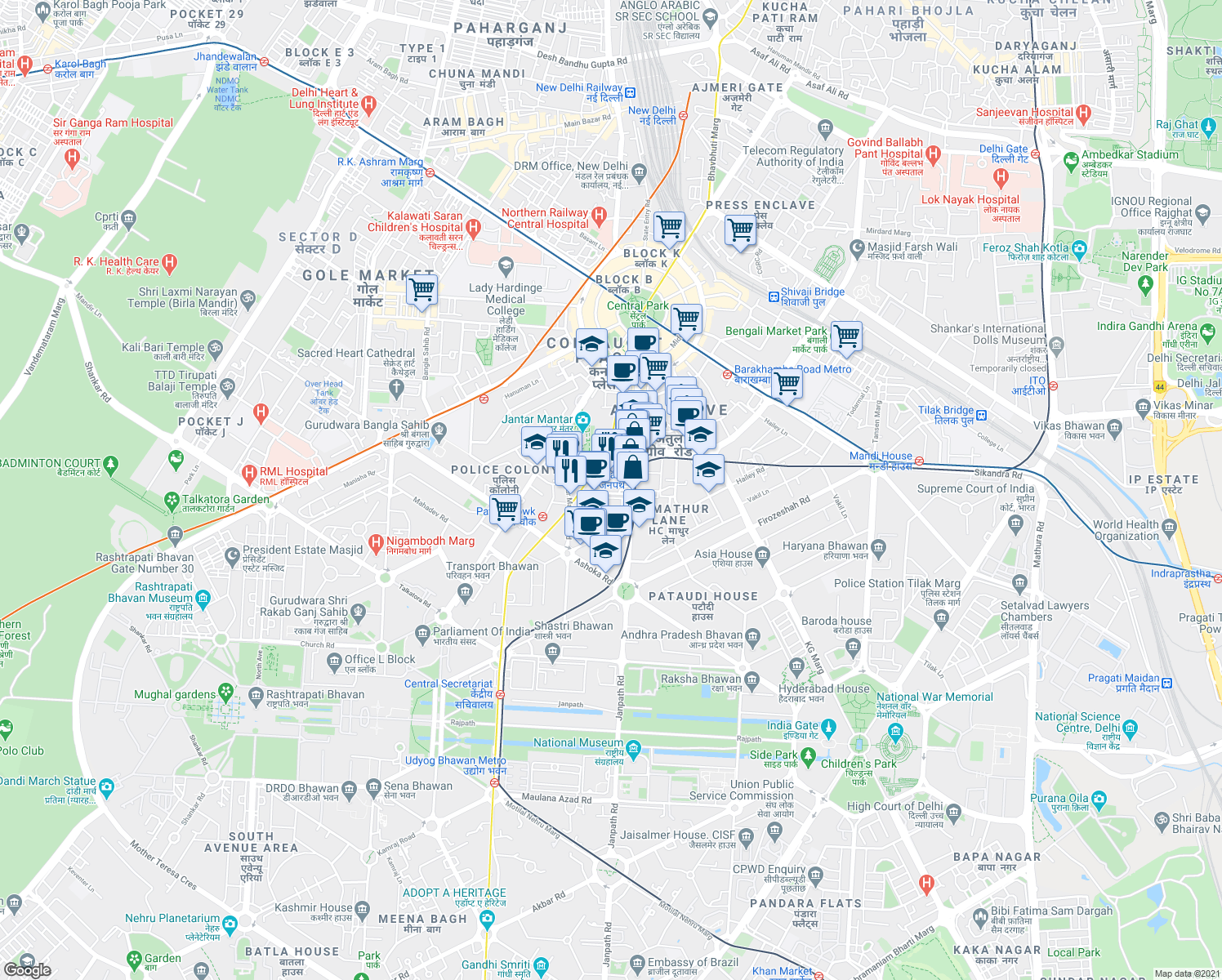 map of restaurants, bars, coffee shops, grocery stores, and more near 124 Janpath Lane in New Delhi