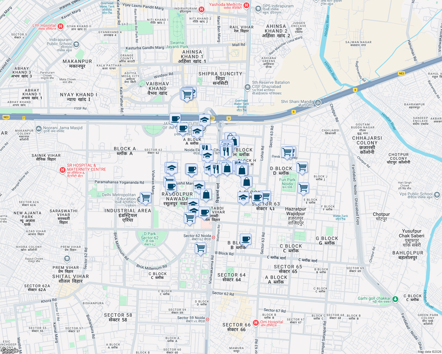 map of restaurants, bars, coffee shops, grocery stores, and more near 224k Vishwakarma Road in Noida