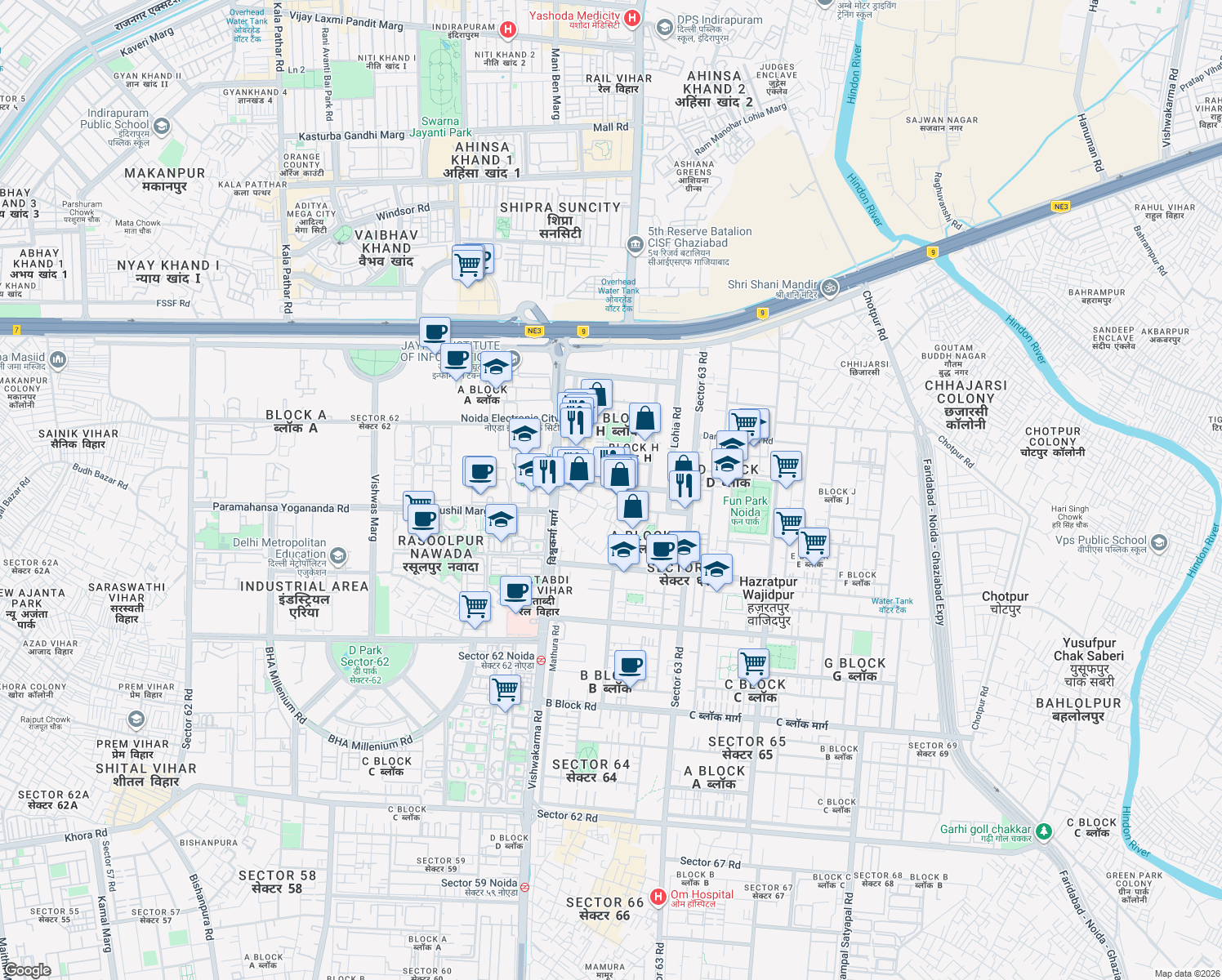 map of restaurants, bars, coffee shops, grocery stores, and more near 117 Lohia Road in Noida