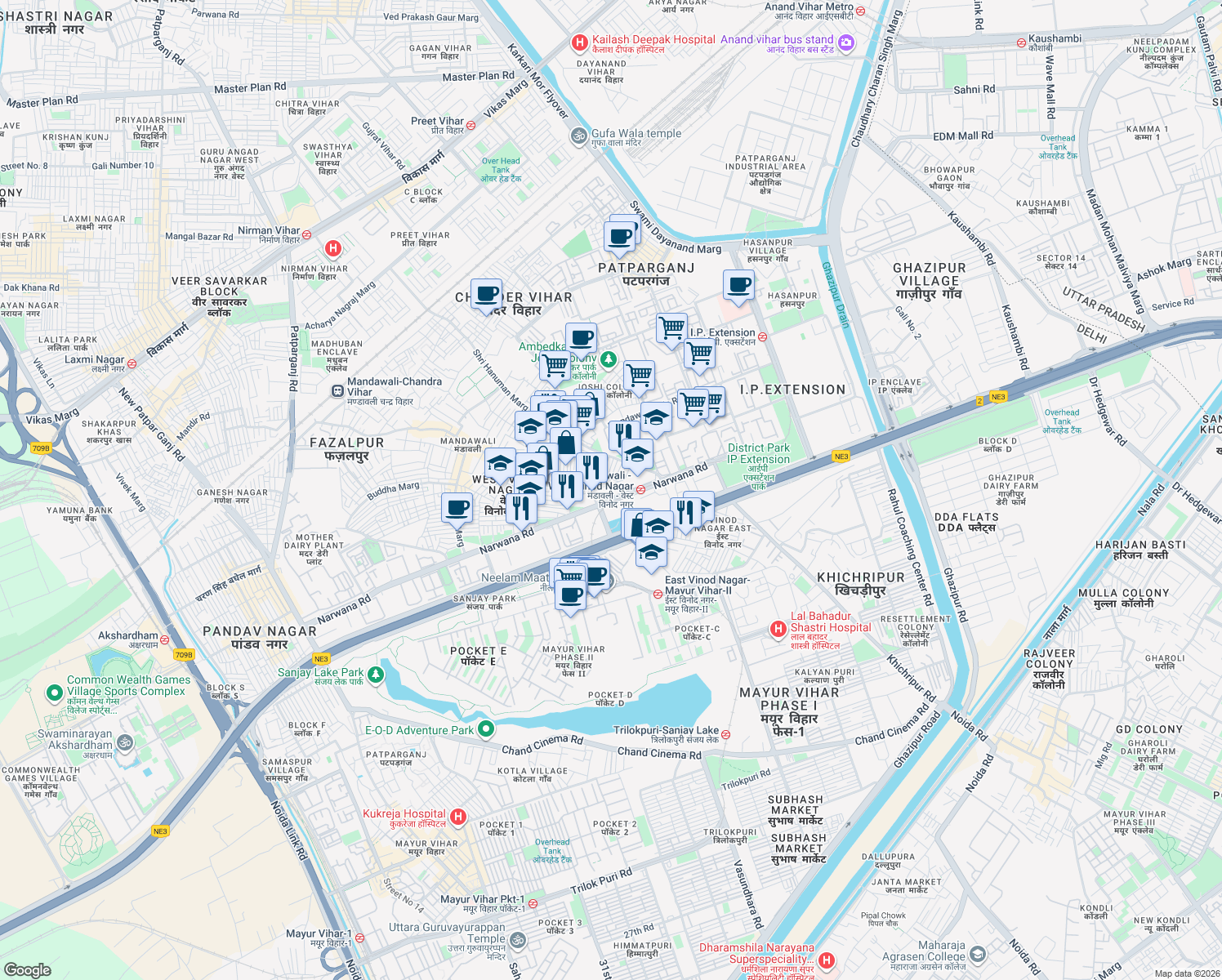 map of restaurants, bars, coffee shops, grocery stores, and more near in Delhi