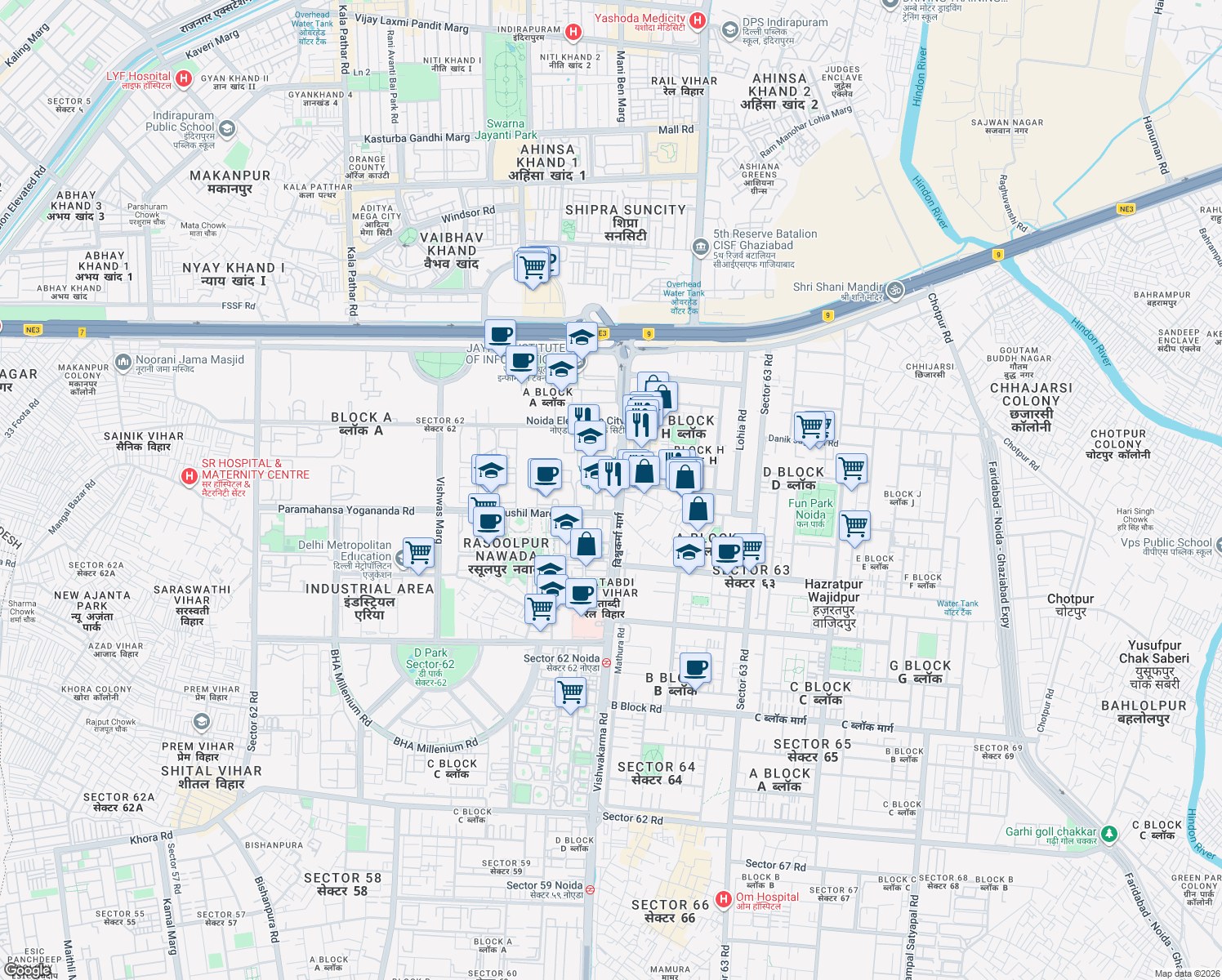 map of restaurants, bars, coffee shops, grocery stores, and more near 224k Vishwakarma Road in Noida