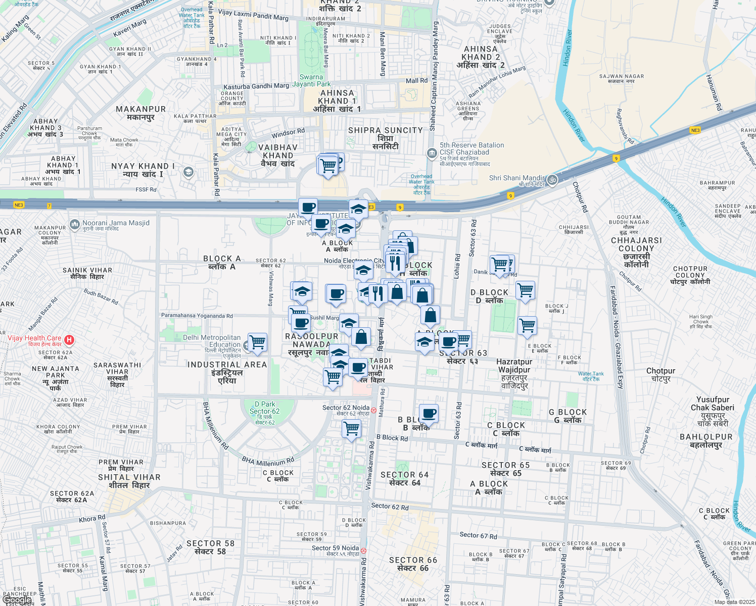 map of restaurants, bars, coffee shops, grocery stores, and more near A- 42/5 Vishwakarma Road in Noida