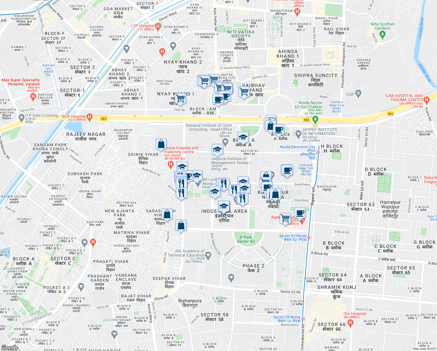 map of restaurants, bars, coffee shops, grocery stores, and more near B-1302 Outer Circle in Ghaziabad