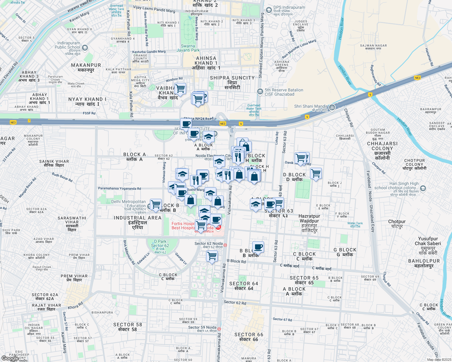 map of restaurants, bars, coffee shops, grocery stores, and more near A- 42/5 Vishwakarma Road in Noida