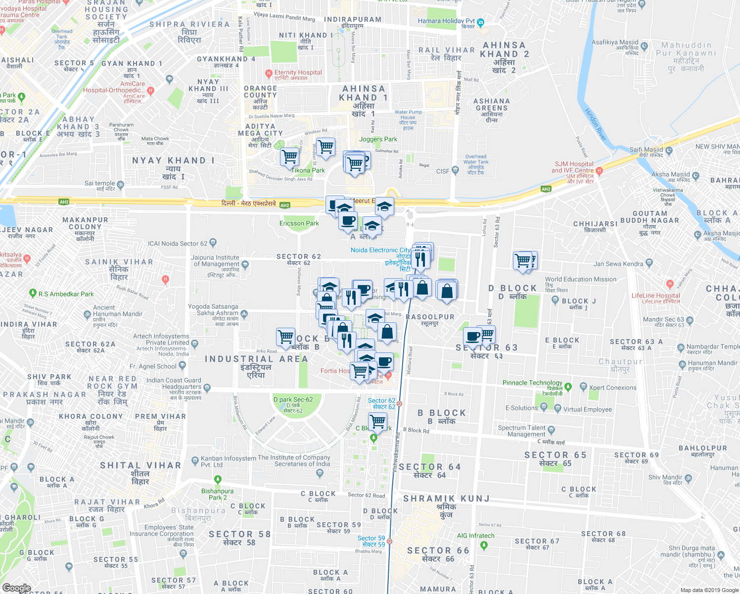 map of restaurants, bars, coffee shops, grocery stores, and more near in Noida