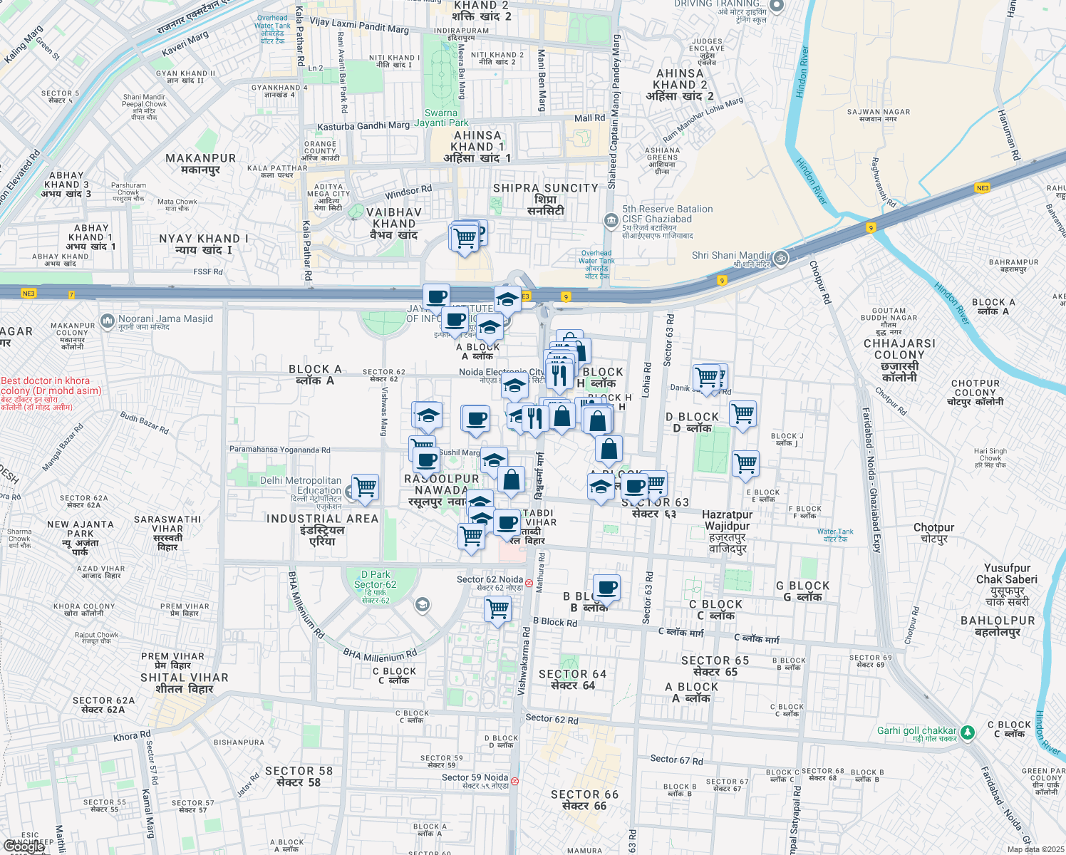 map of restaurants, bars, coffee shops, grocery stores, and more near in Noida