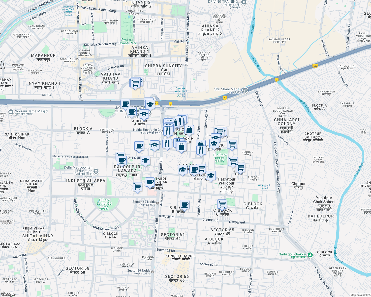 map of restaurants, bars, coffee shops, grocery stores, and more near H-161 Sector 63 Road in Noida