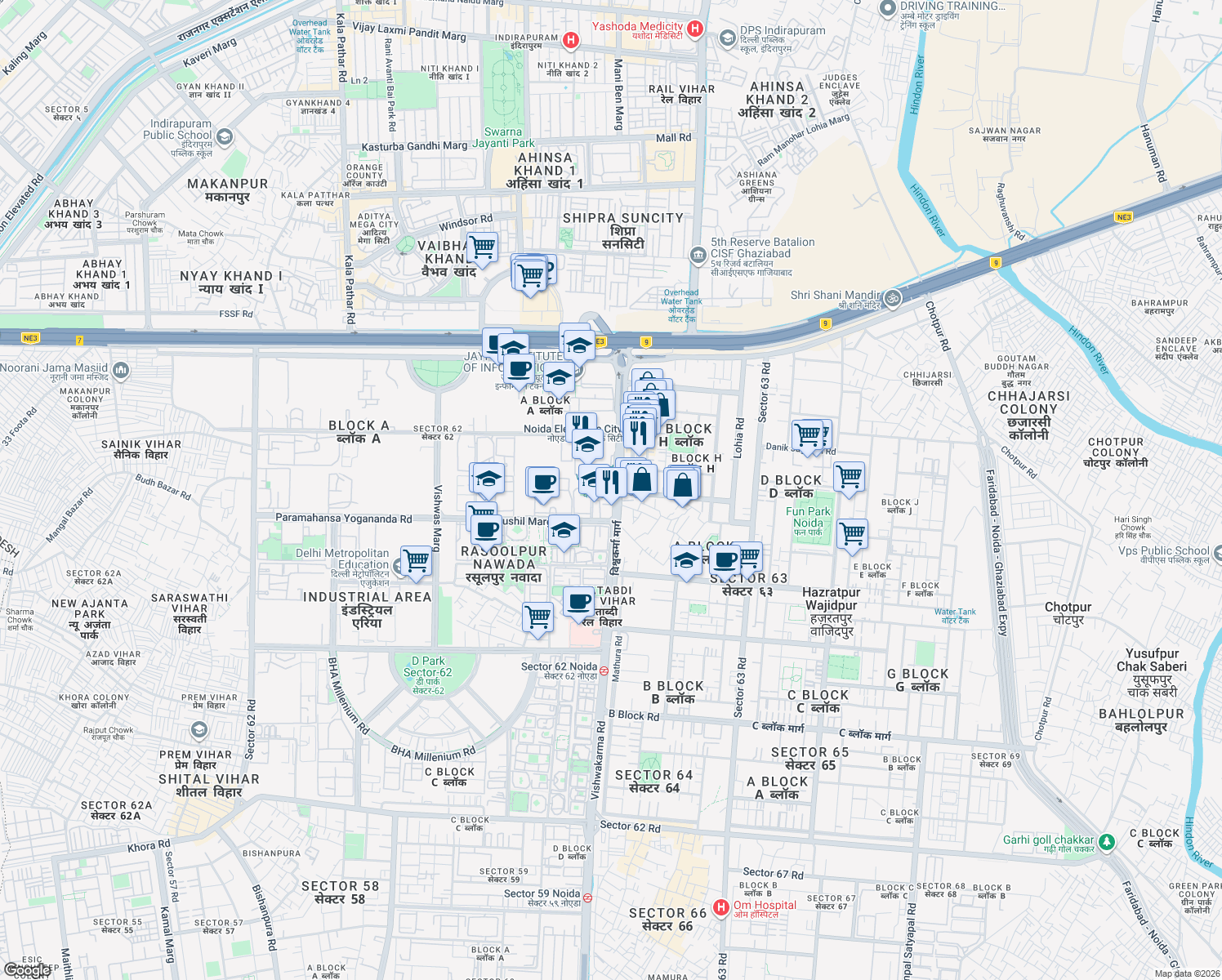 map of restaurants, bars, coffee shops, grocery stores, and more near in Noida