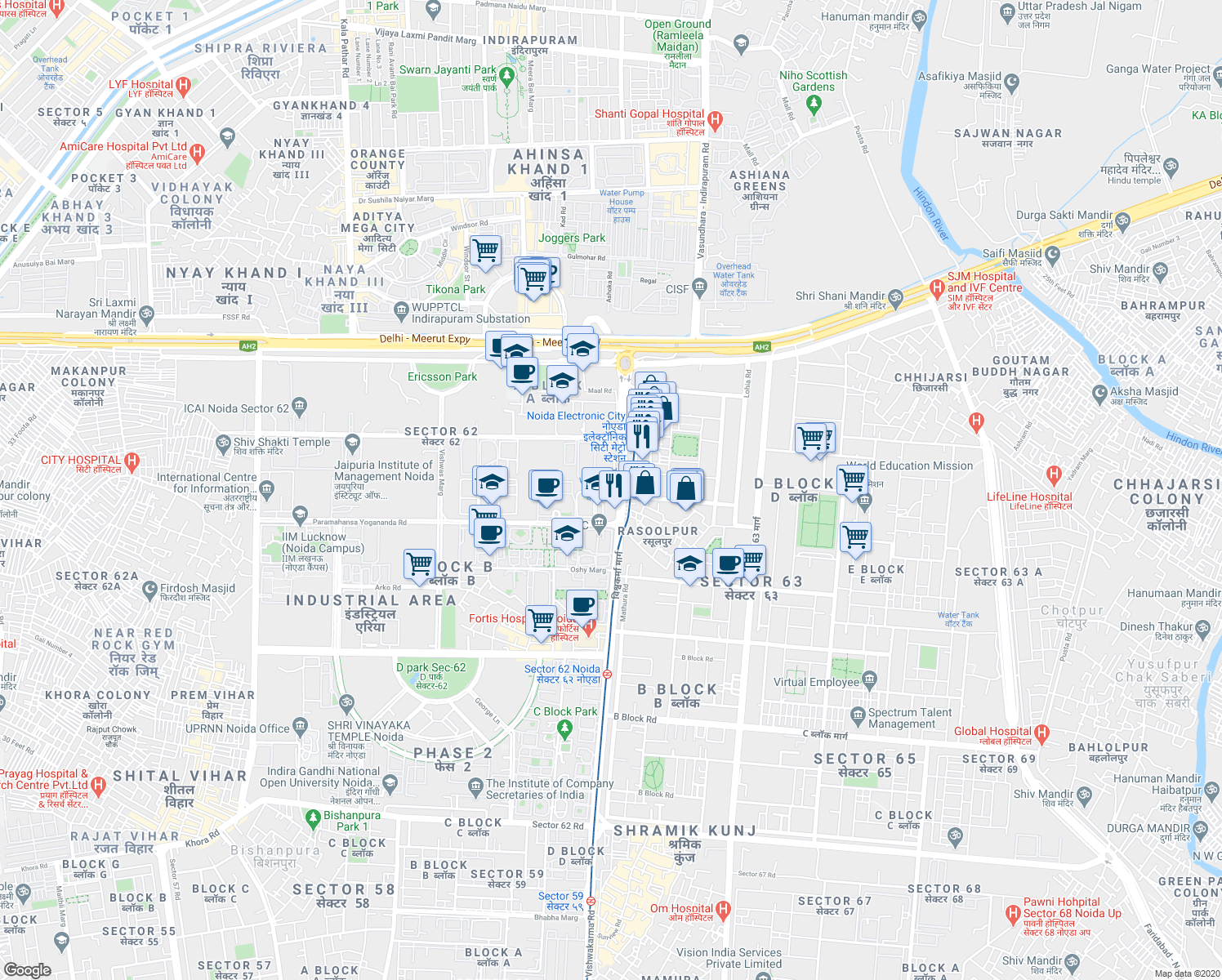 map of restaurants, bars, coffee shops, grocery stores, and more near in Noida