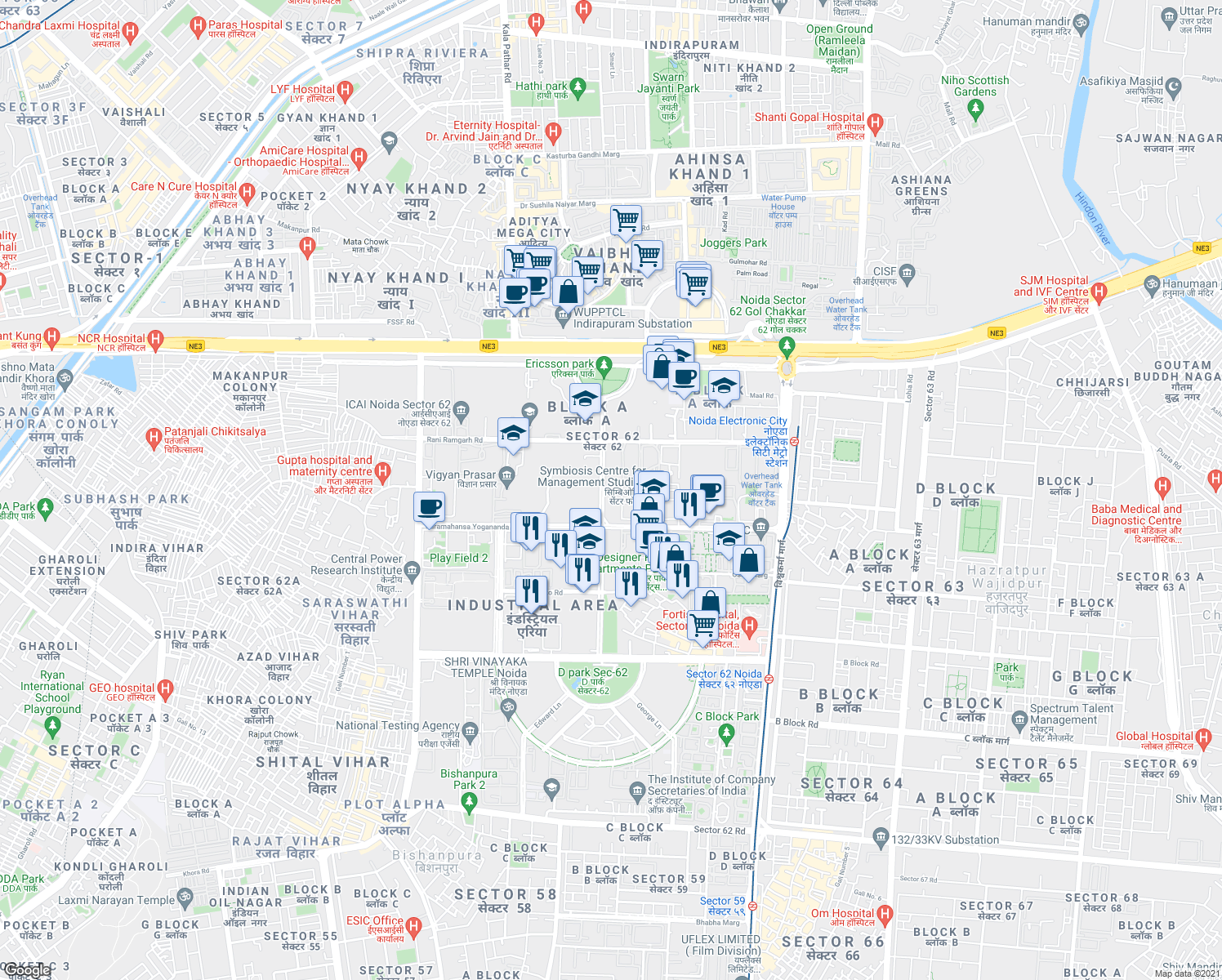 map of restaurants, bars, coffee shops, grocery stores, and more near Vishwas Marg in Noida