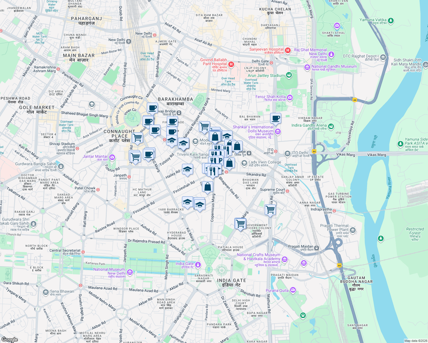 map of restaurants, bars, coffee shops, grocery stores, and more near in New Delhi