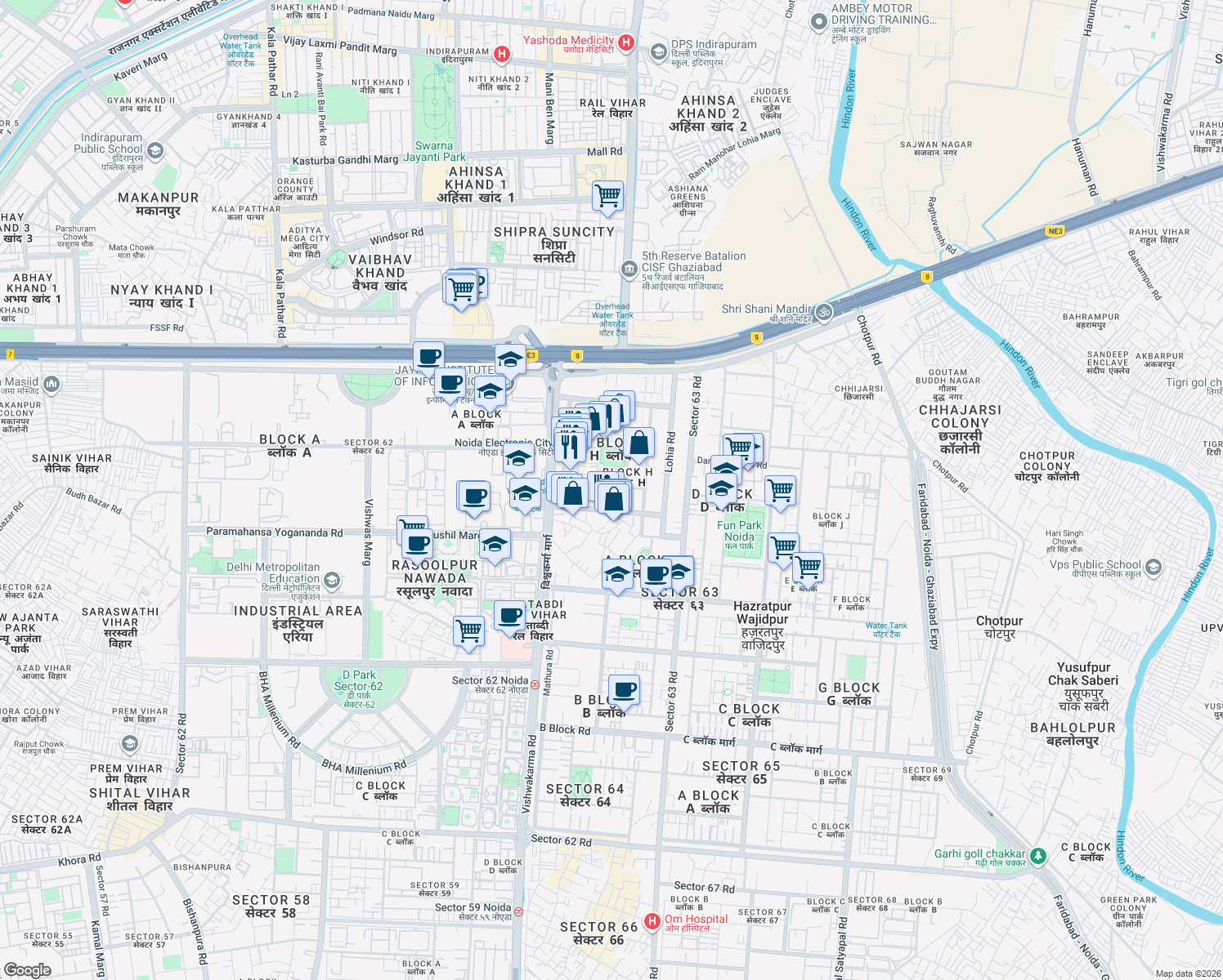 map of restaurants, bars, coffee shops, grocery stores, and more near H-107 Sector 63 Road in Noida
