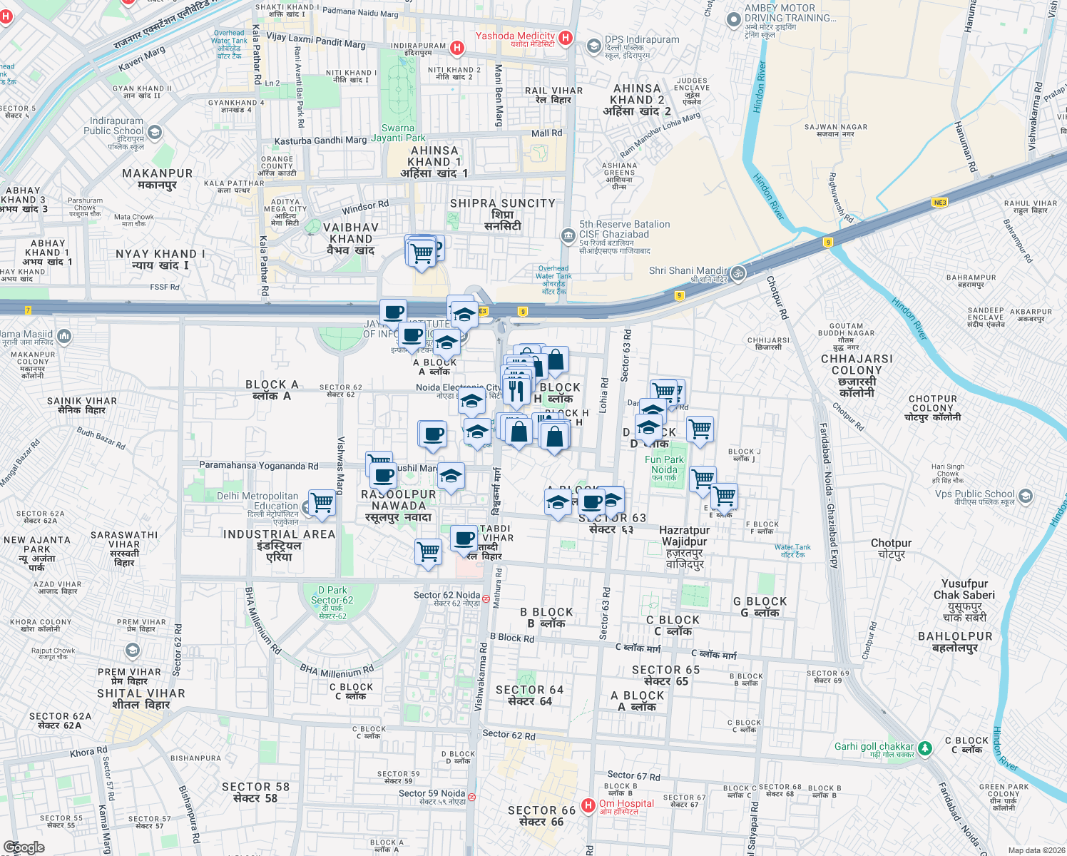 map of restaurants, bars, coffee shops, grocery stores, and more near in Noida